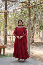 Maroon Women Embroidered Anarkali Kurta Set