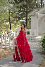 Party Wear Rani Color Plain Long Gown With Dupatta