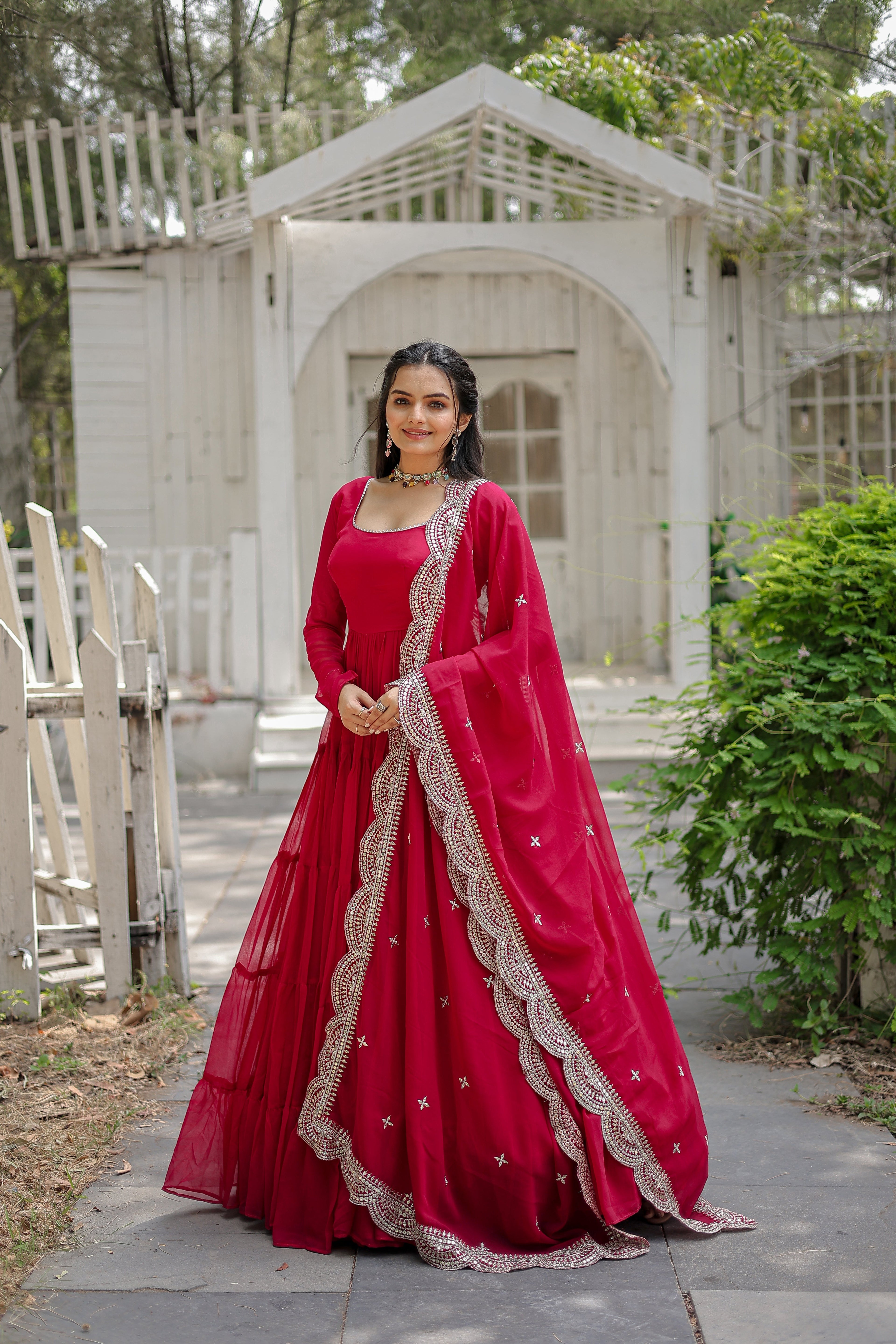 Party Wear Rani Color Plain Long Gown With Dupatta