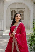Party Wear Rani Color Plain Long Gown With Dupatta