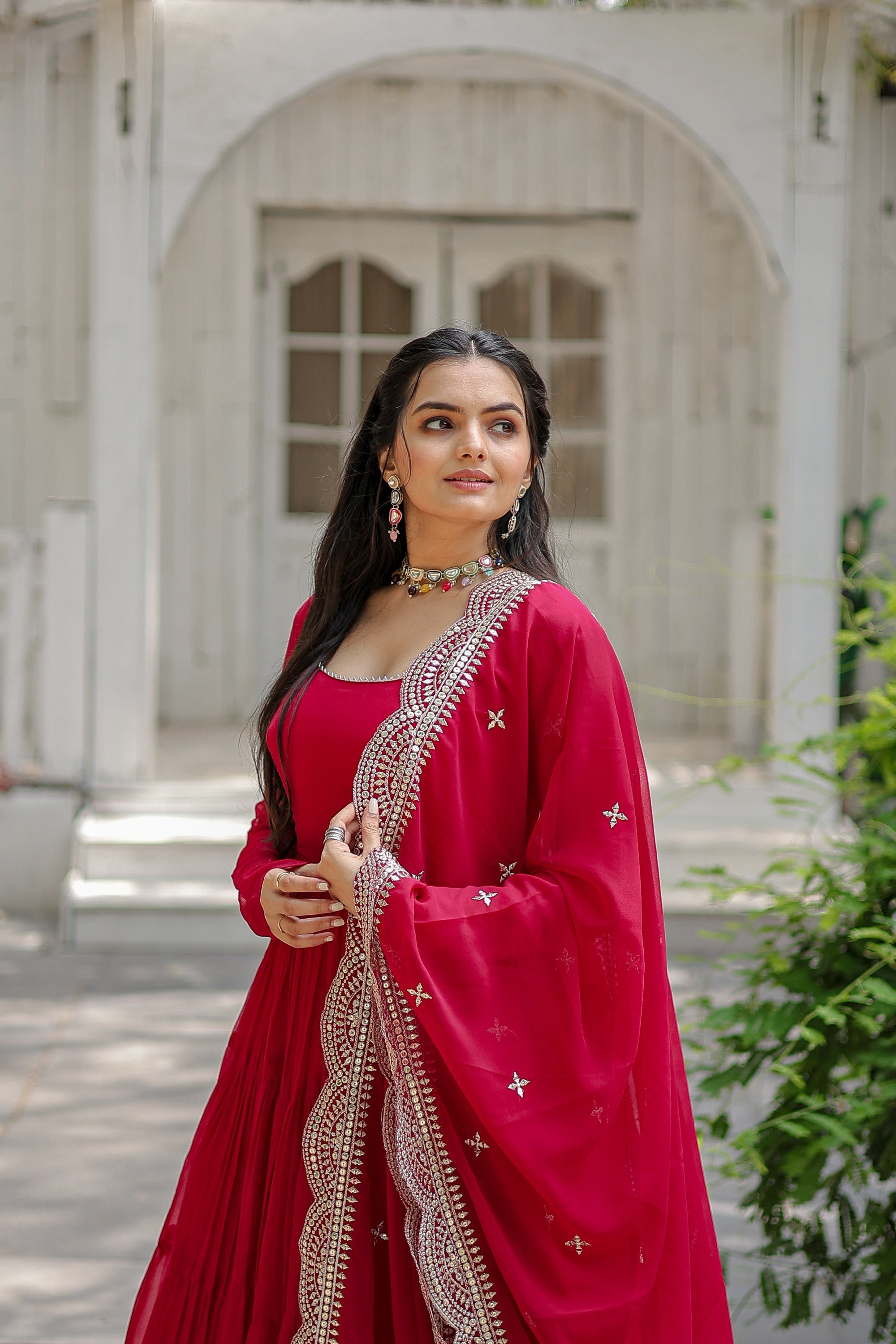 Party Wear Rani Color Plain Long Gown With Dupatta