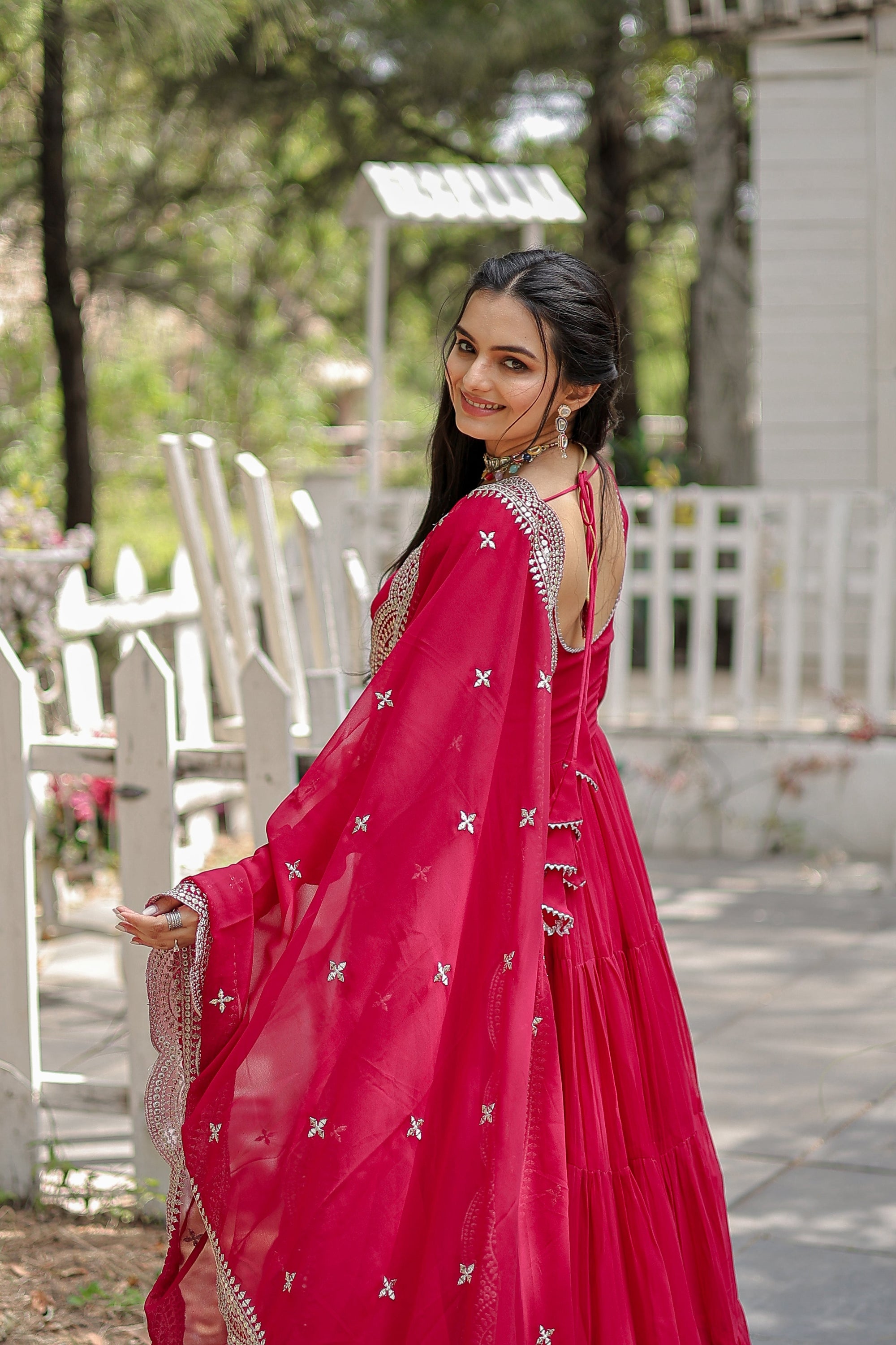 Party Wear Rani Color Plain Long Gown With Dupatta