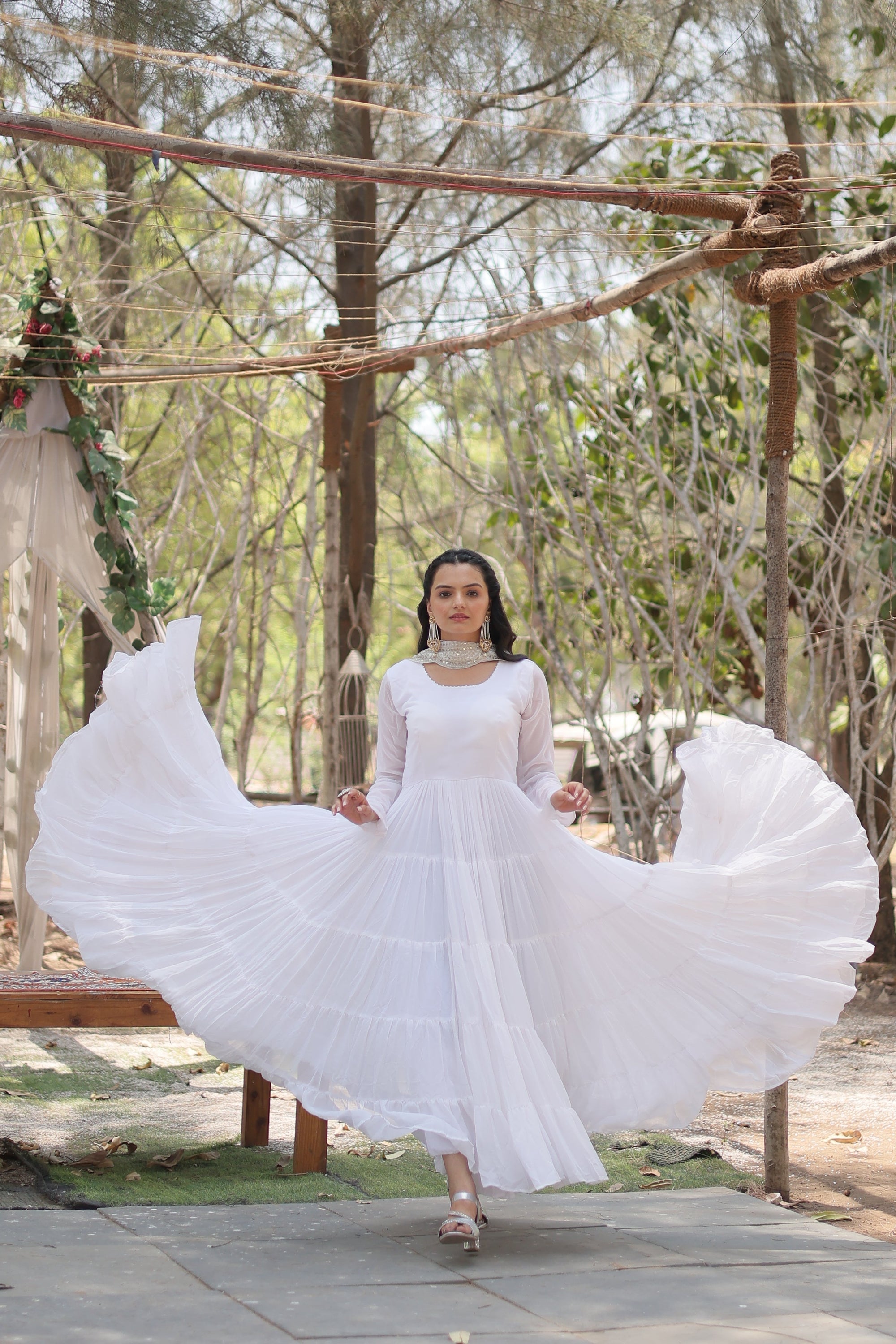 White Women Embroidered Anarkali Kurta Set