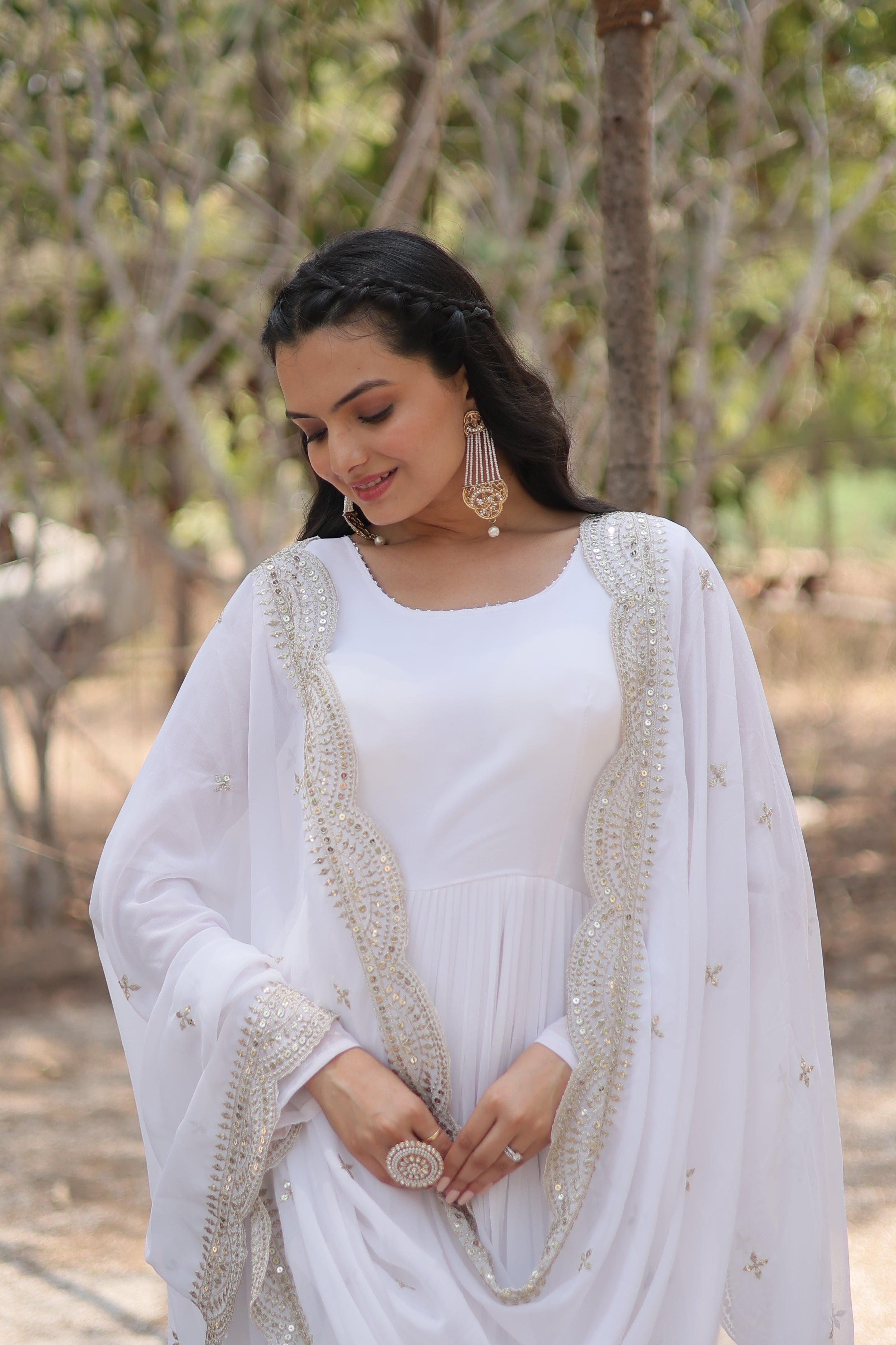 White Women Embroidered Anarkali Kurta Set