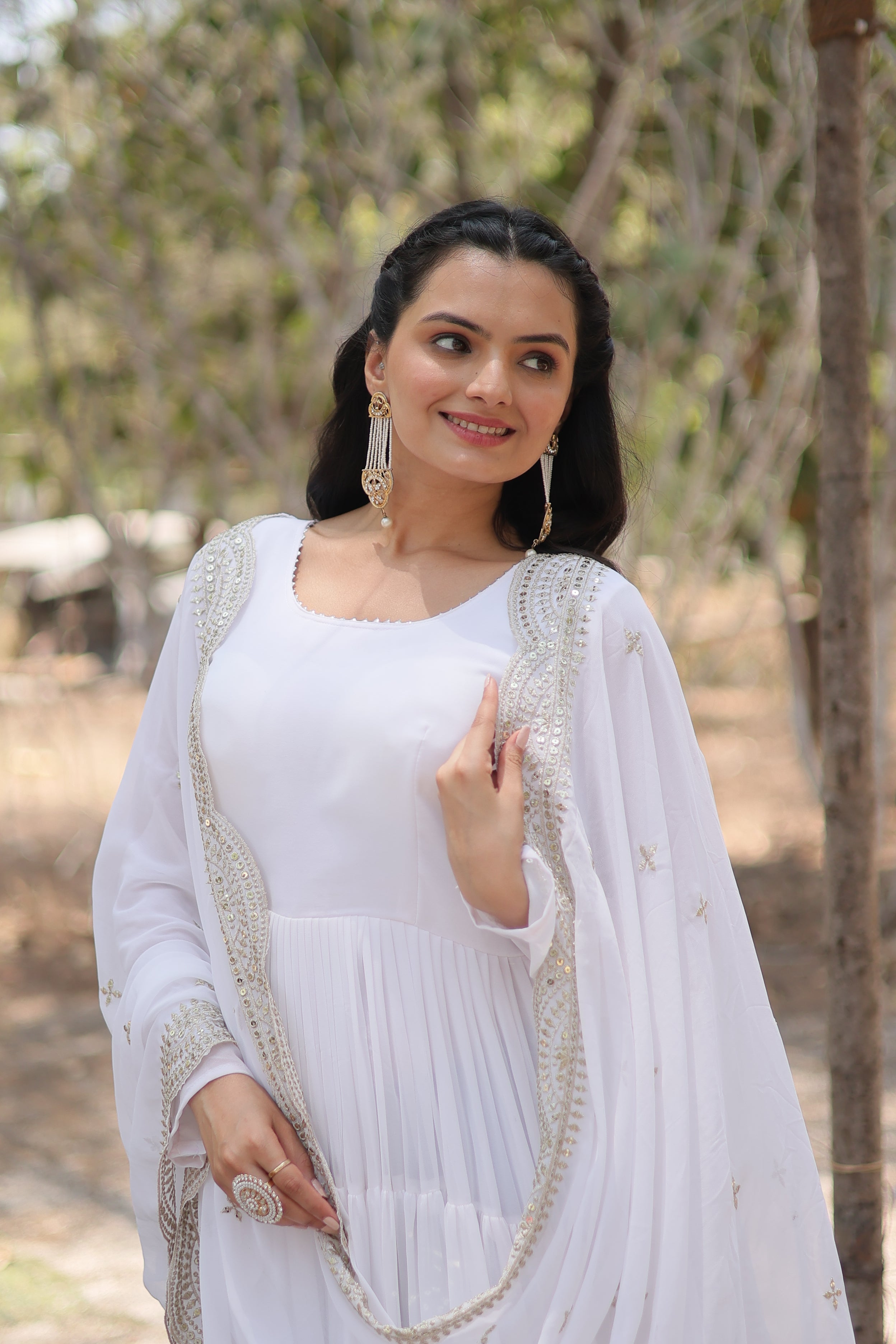 White Women Embroidered Anarkali Kurta Set