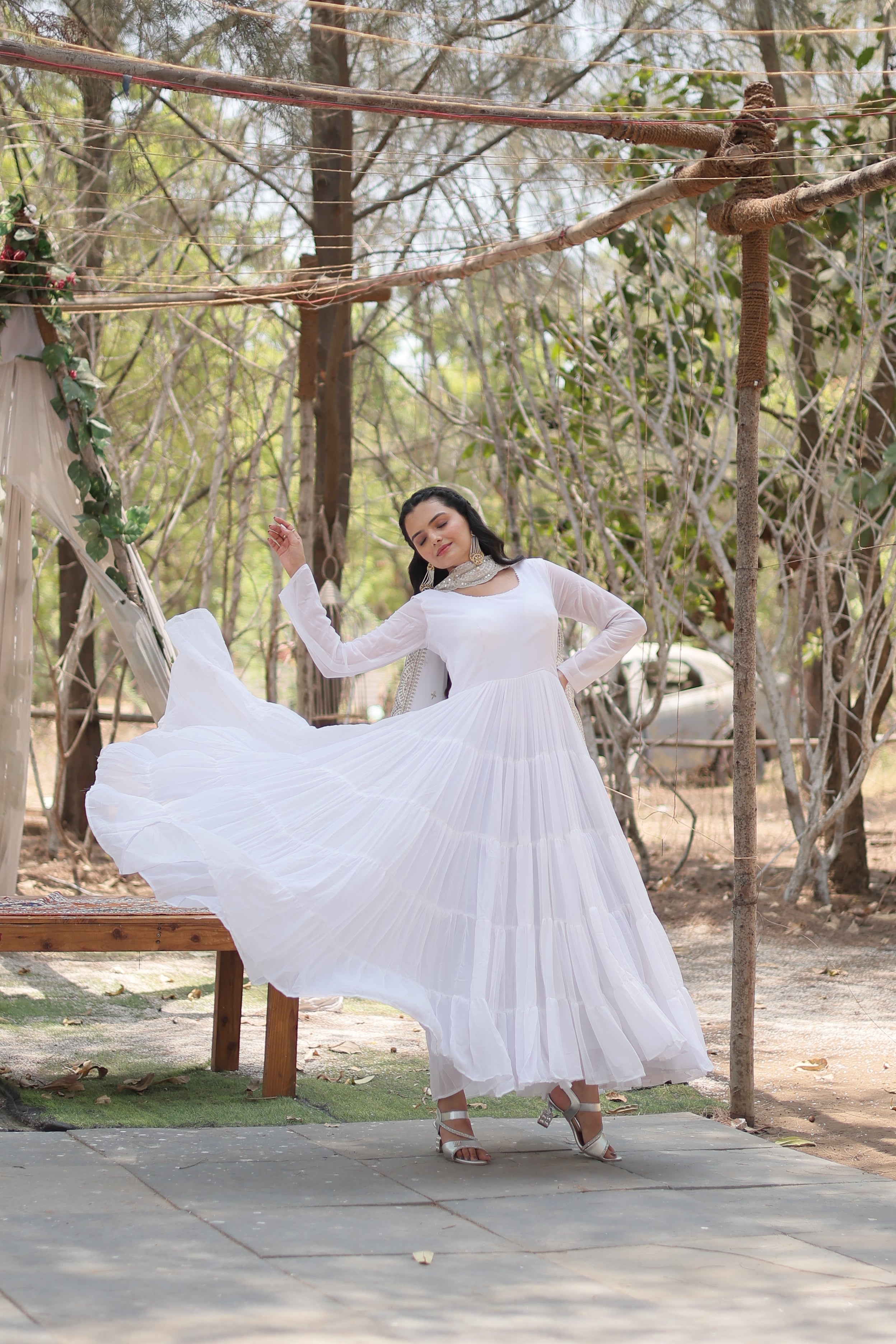 White Women Embroidered Anarkali Kurta Set