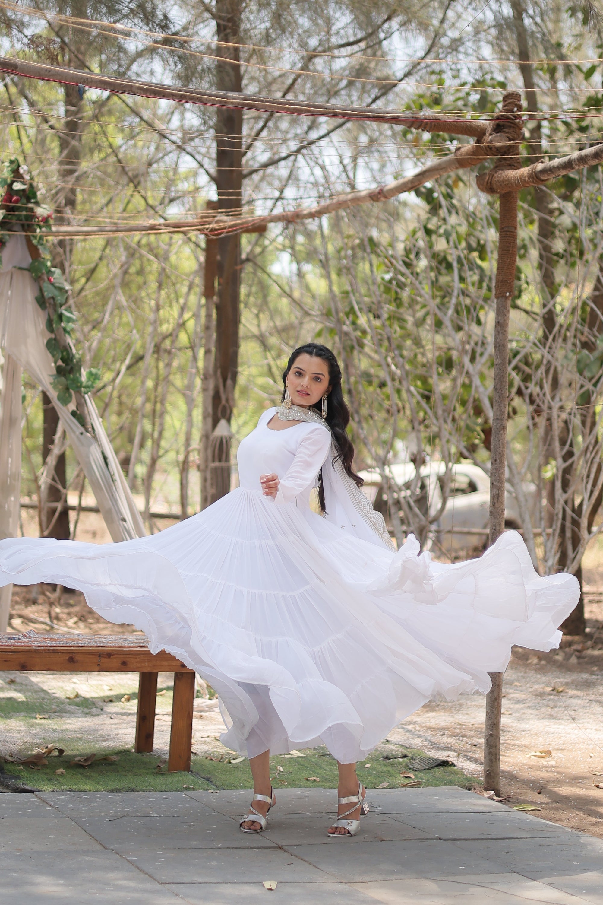 White Women Embroidered Anarkali Kurta Set