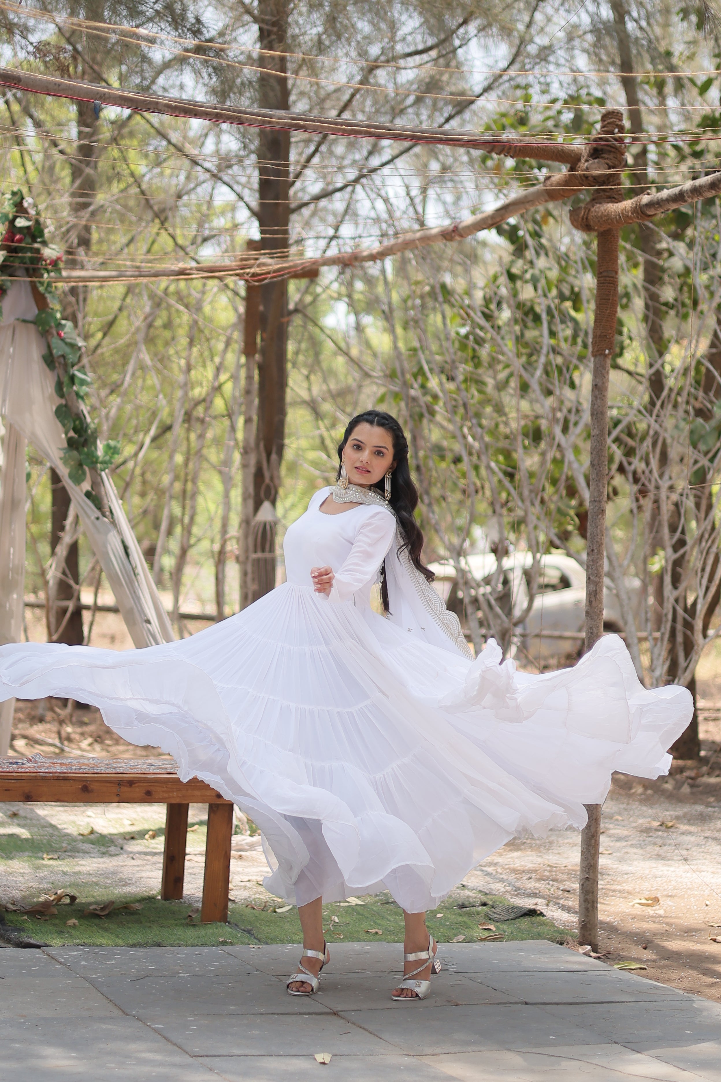 White Women Embroidered Anarkali Kurta Set