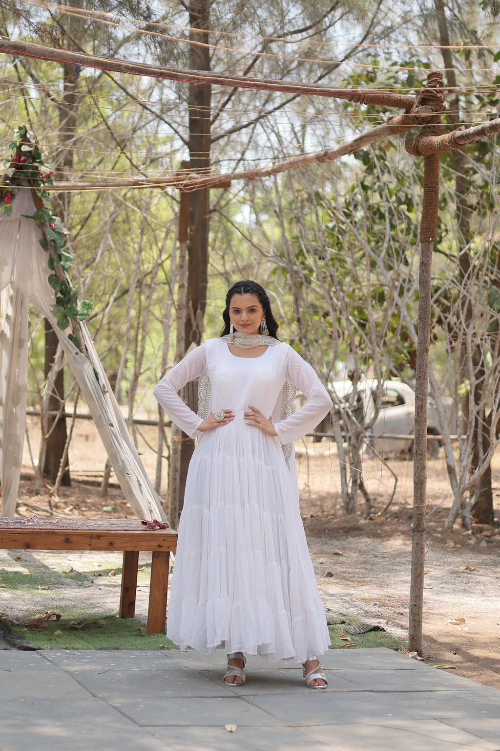 White Women Embroidered Anarkali Kurta Set
