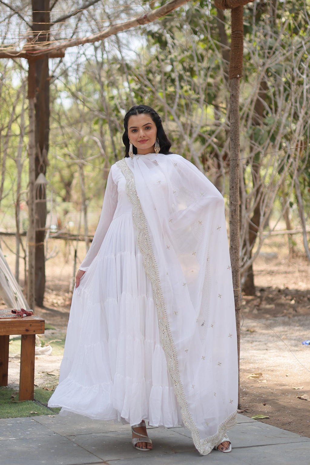 White Women Embroidered Anarkali Kurta Set