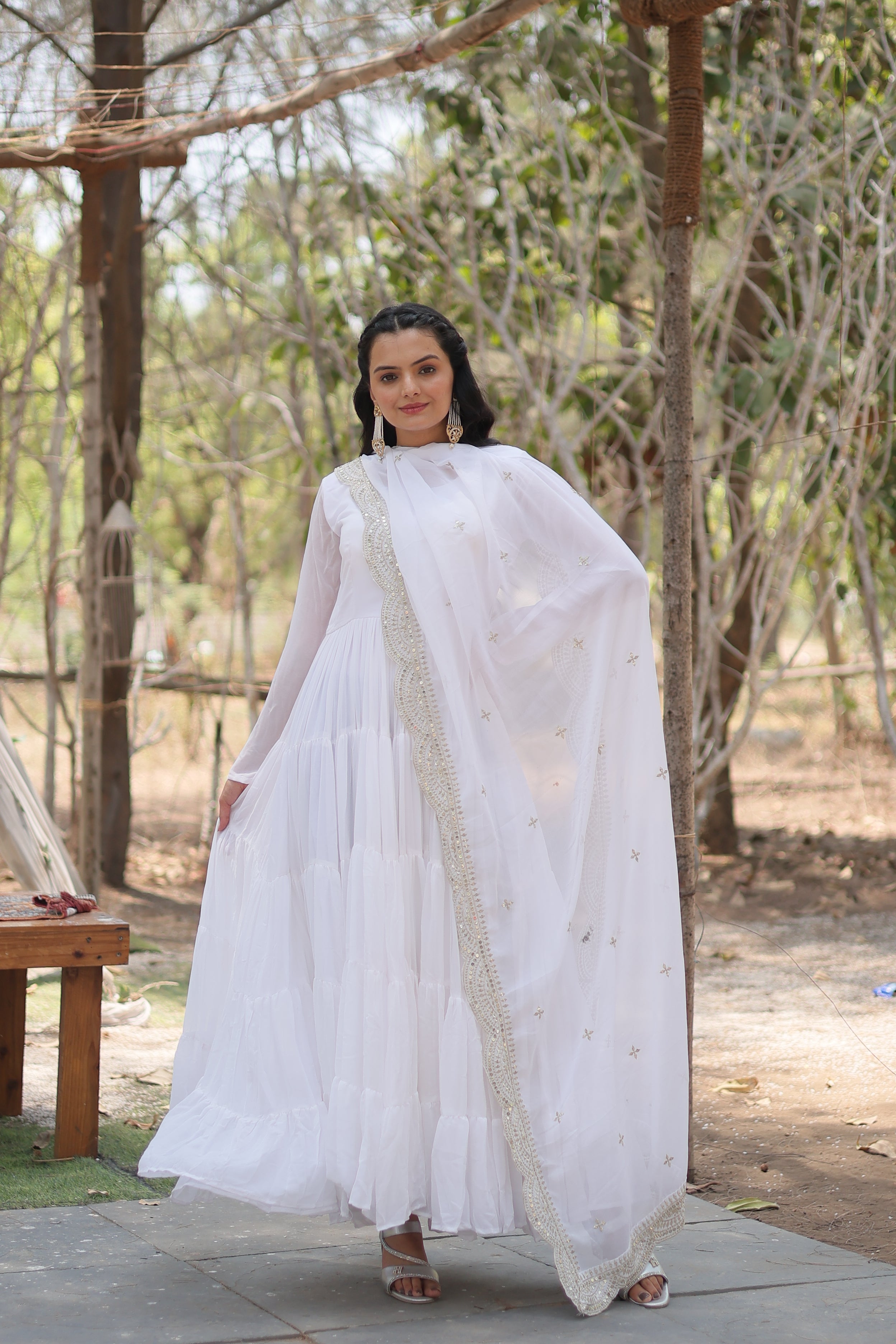 White Women Embroidered Anarkali Kurta Set