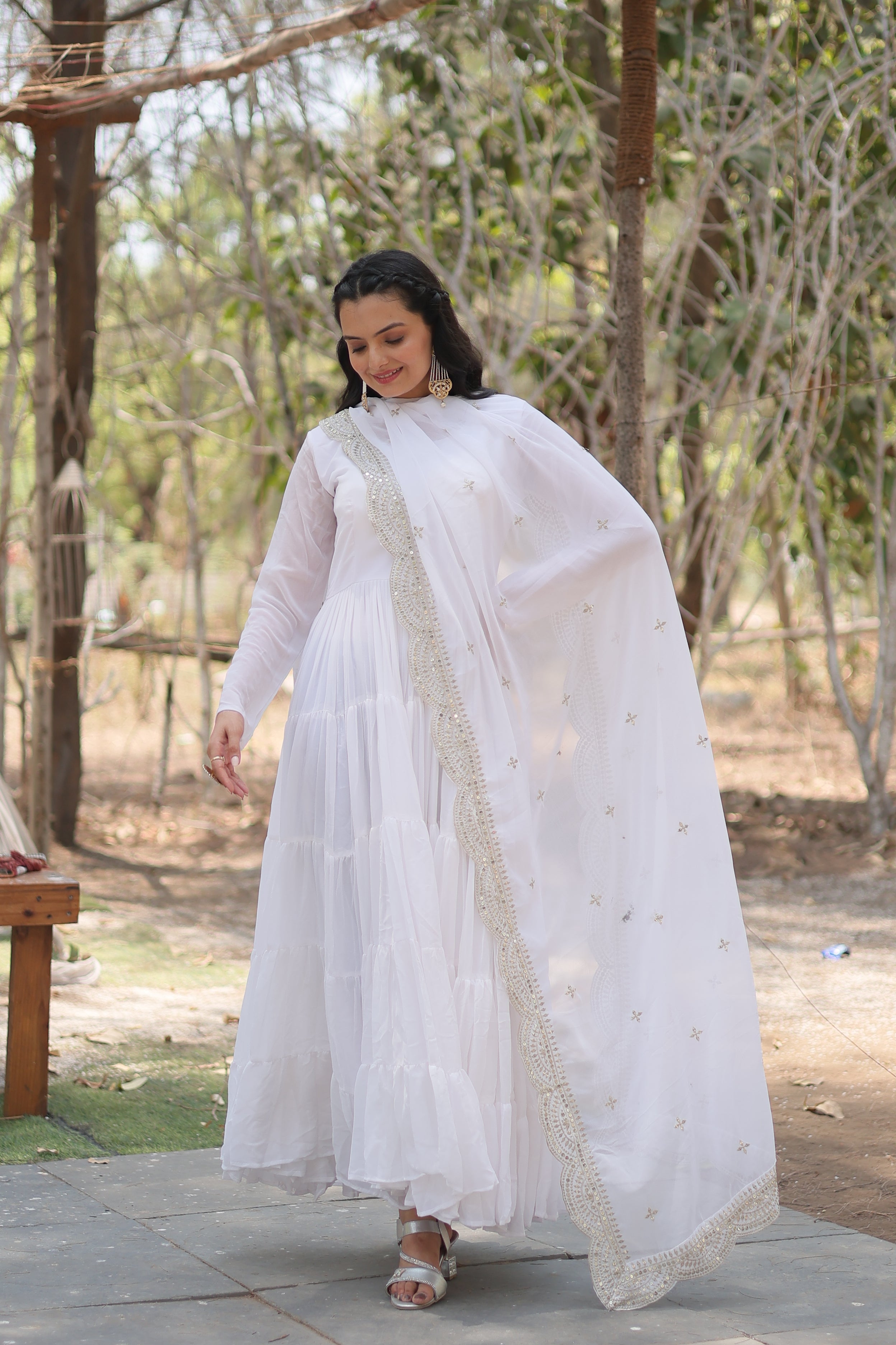 White Women Embroidered Anarkali Kurta Set