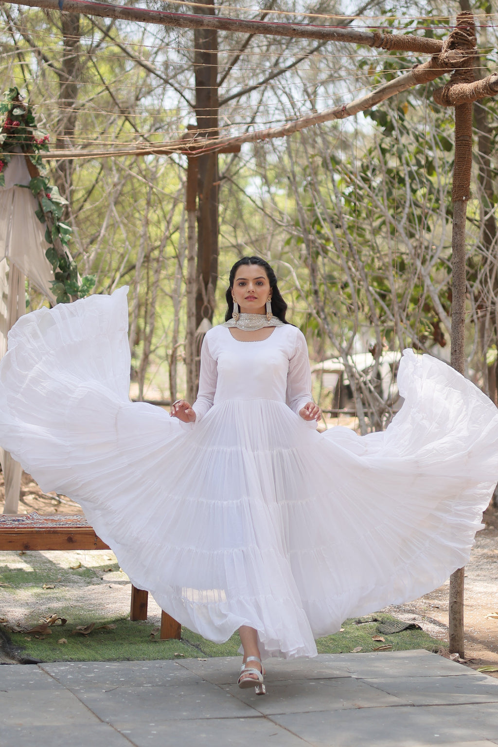 White Women Embroidered Anarkali Kurta Set