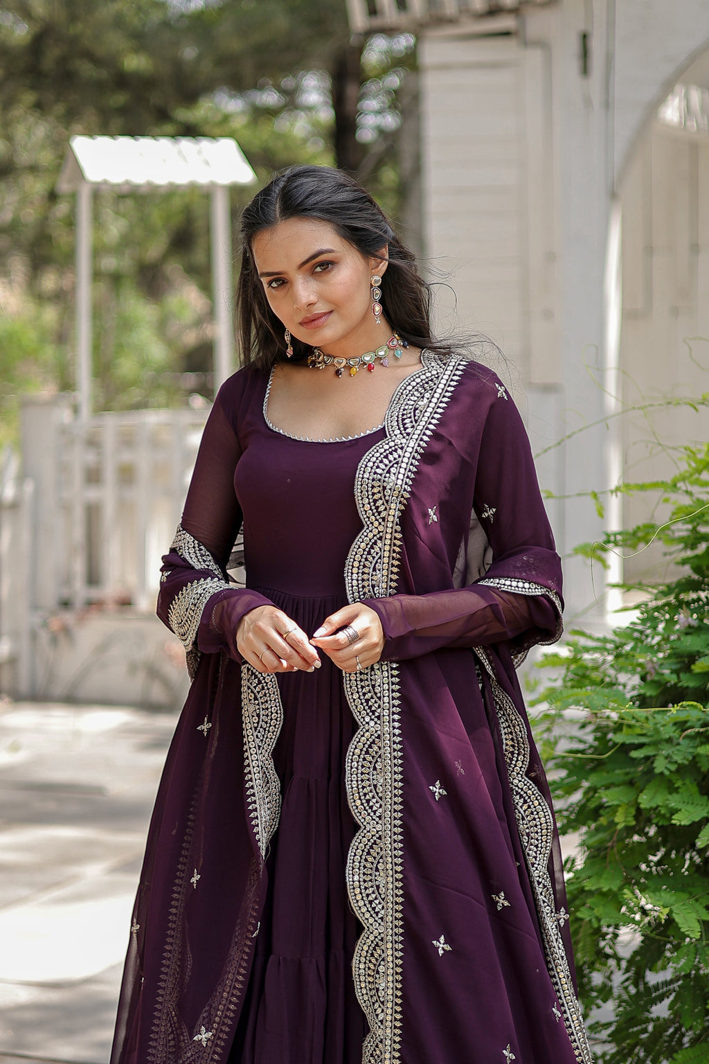 Party Wear Wine Color Plain Long Gown With Dupatt