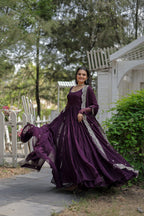 Party Wear Wine Color Plain Long Gown With Dupatt