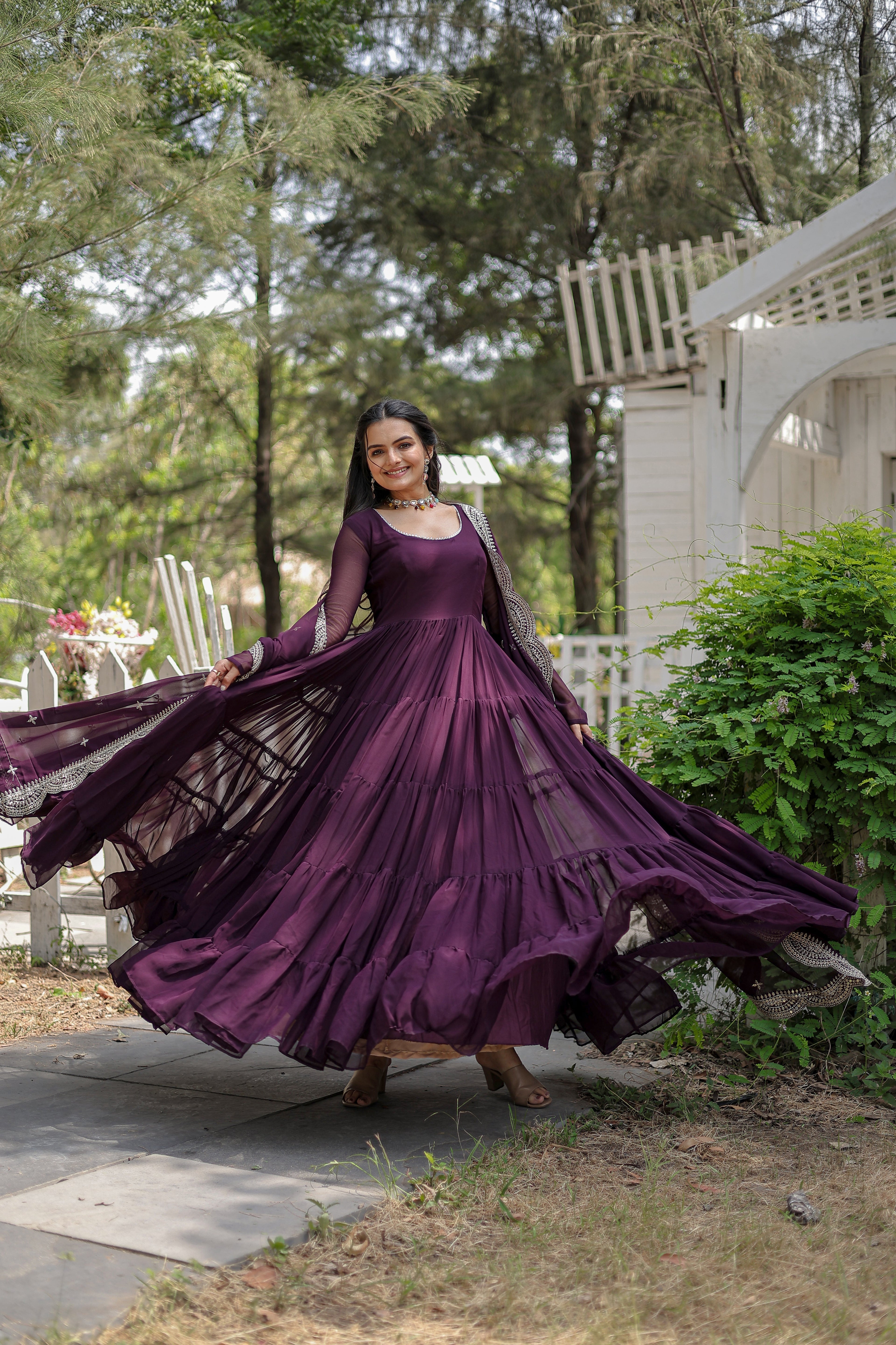 Party Wear Wine Color Plain Long Gown With Dupatt