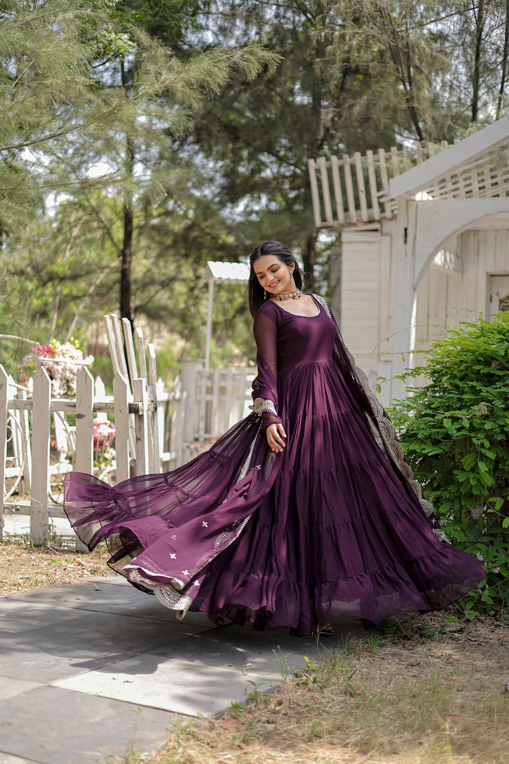 Party Wear Wine Color Plain Long Gown With Dupatt