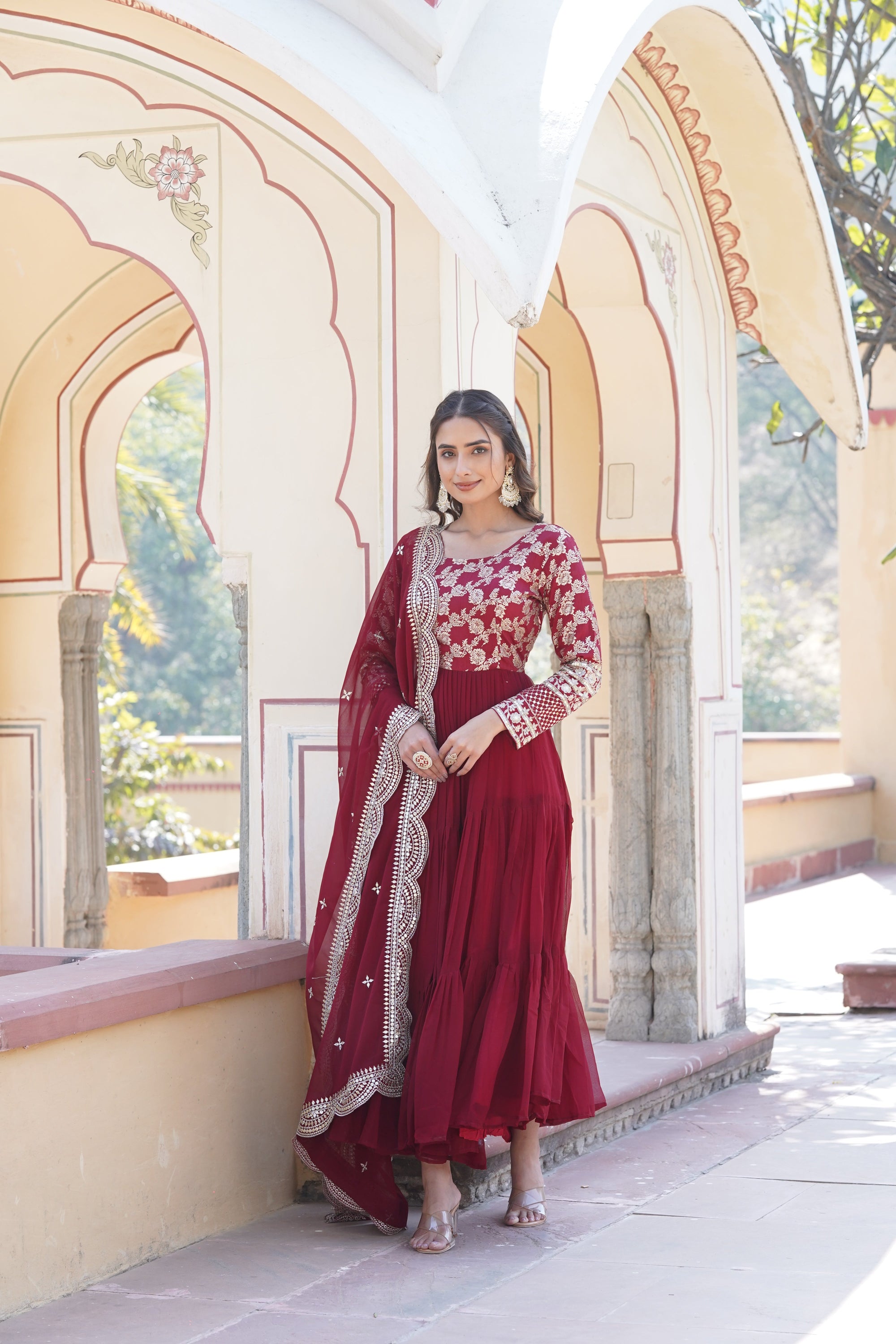 Faux Blooming Maroon Embroidered Gown with Viscose Jacquard & Dupatta