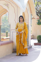 Faux Blooming Yellow Embroidered Gown with Viscose Jacquard & Dupatta