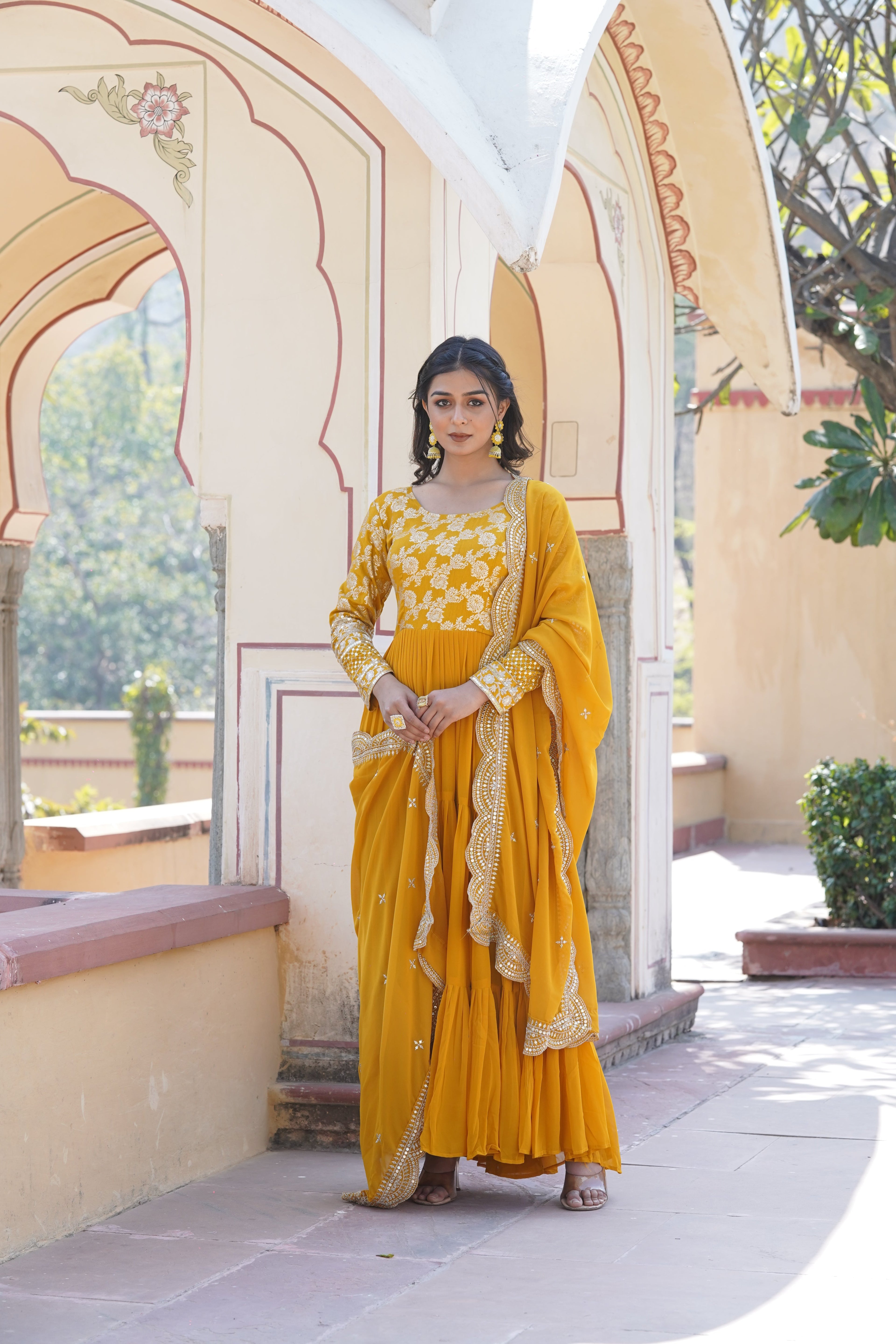 Faux Blooming Yellow Embroidered Gown with Viscose Jacquard & Dupatta