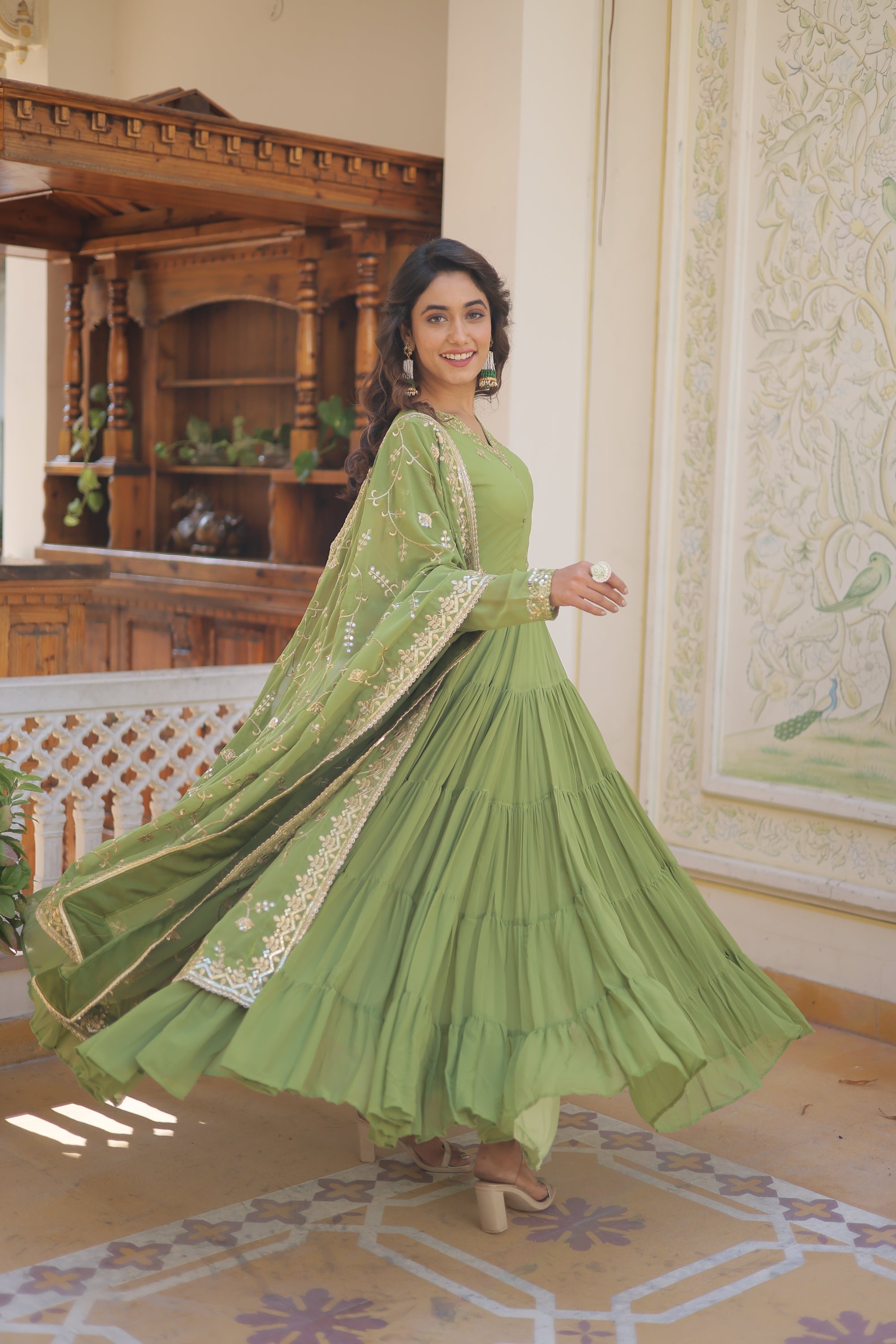 Parrot-Green Coloured Faux Georgette with Embroidered work Gown With Dupatta