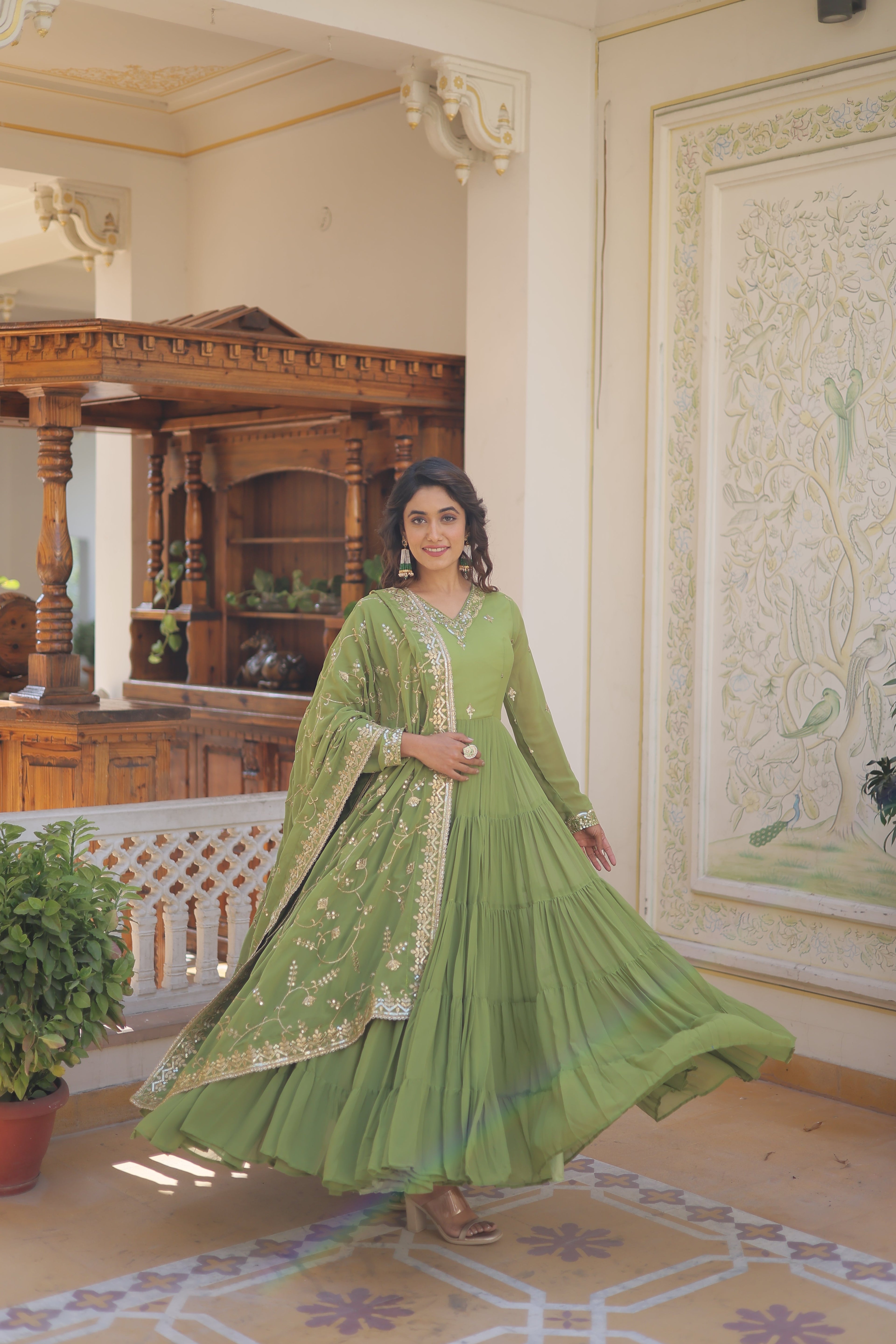 Parrot-Green Coloured Faux Georgette with Embroidered work Gown With Dupatta