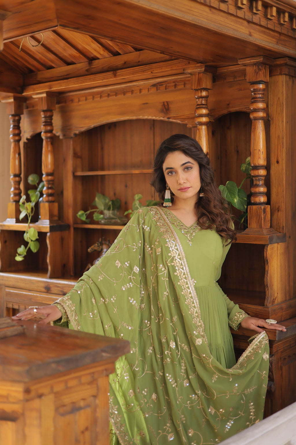 Parrot-Green Coloured Faux Georgette with Embroidered work Gown With Dupatta