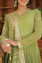 Parrot-Green Coloured Faux Georgette with Embroidered work Gown With Dupatta