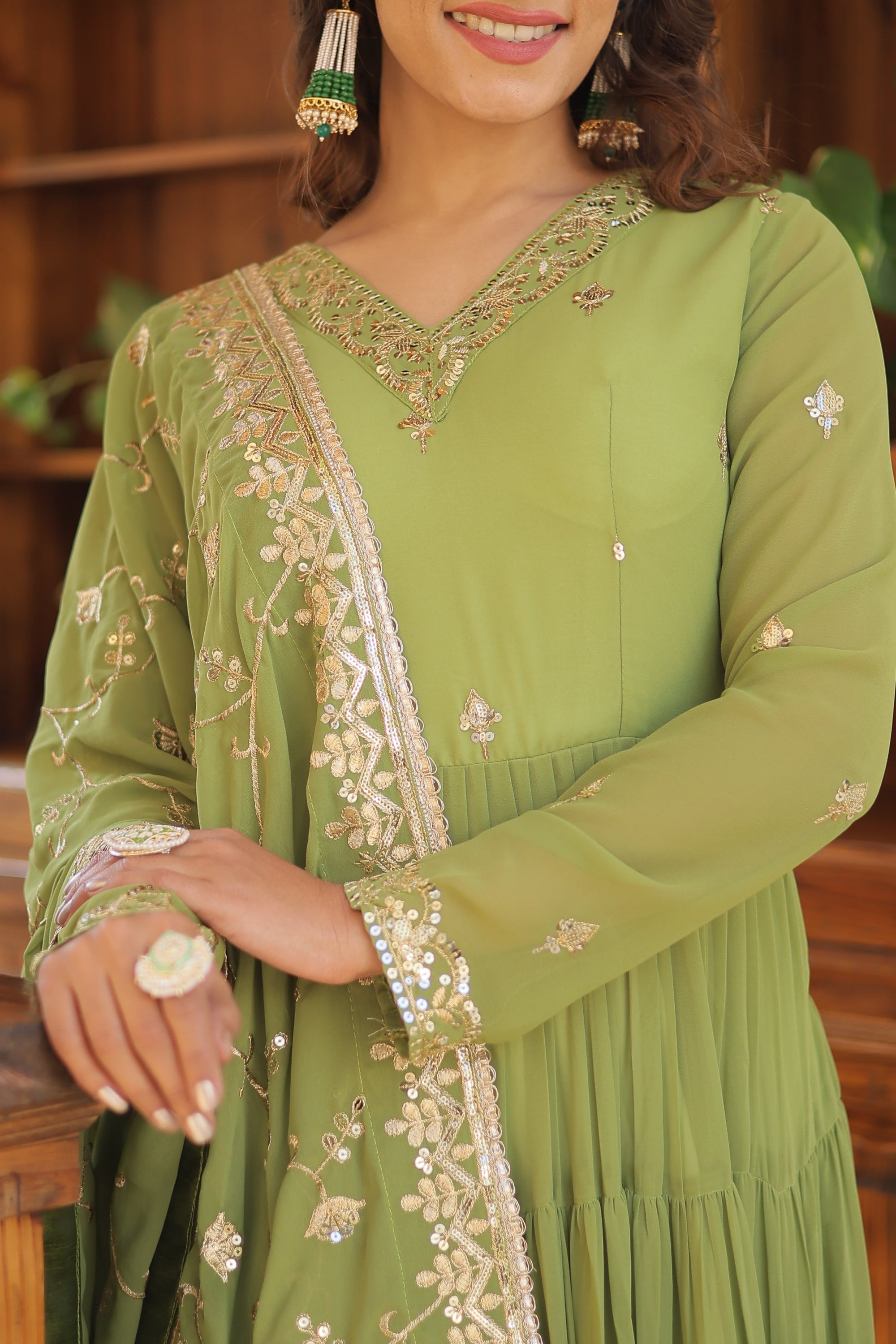 Parrot-Green Coloured Faux Georgette with Embroidered work Gown With Dupatta