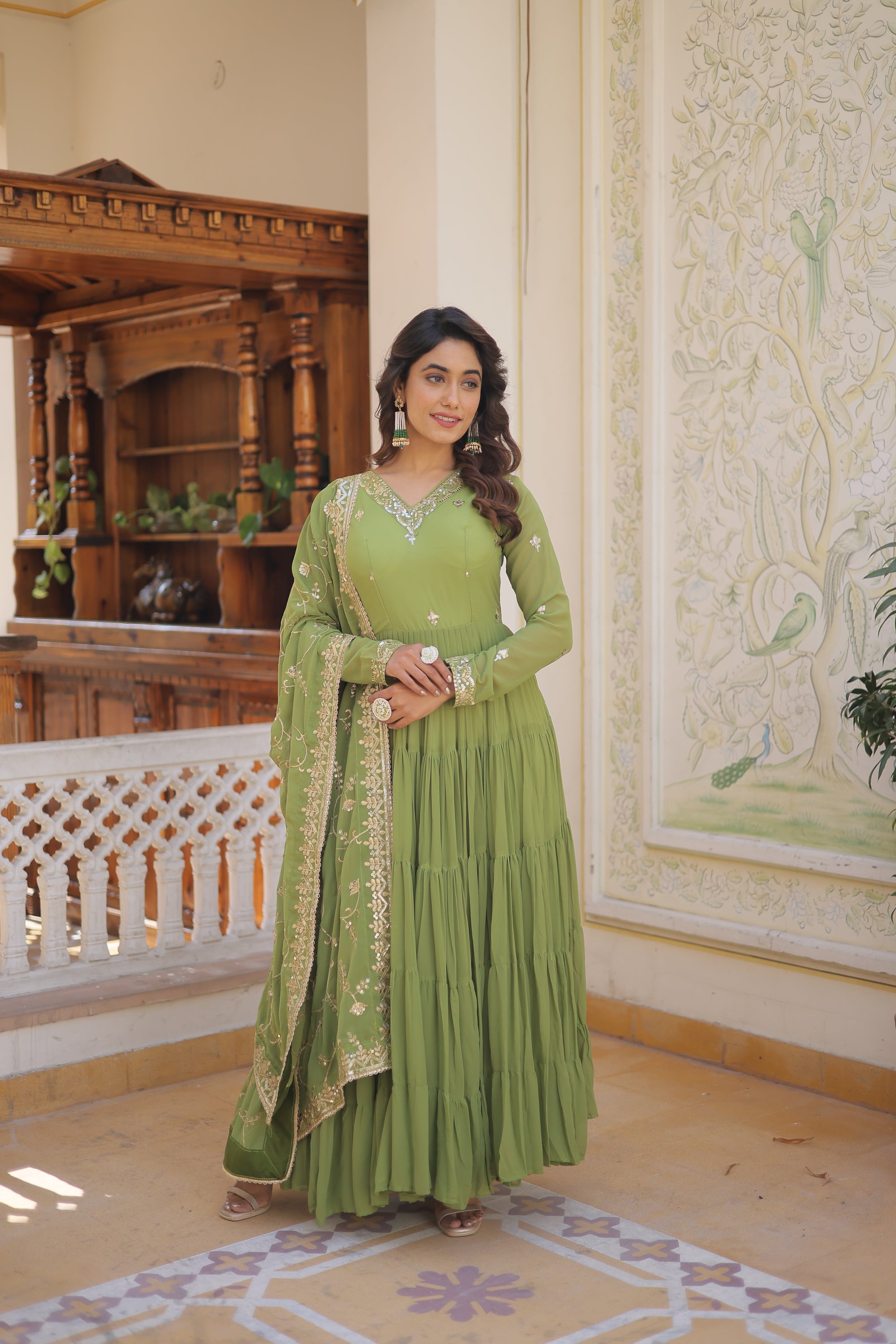 Parrot-Green Coloured Faux Georgette with Embroidered work Gown With Dupatta
