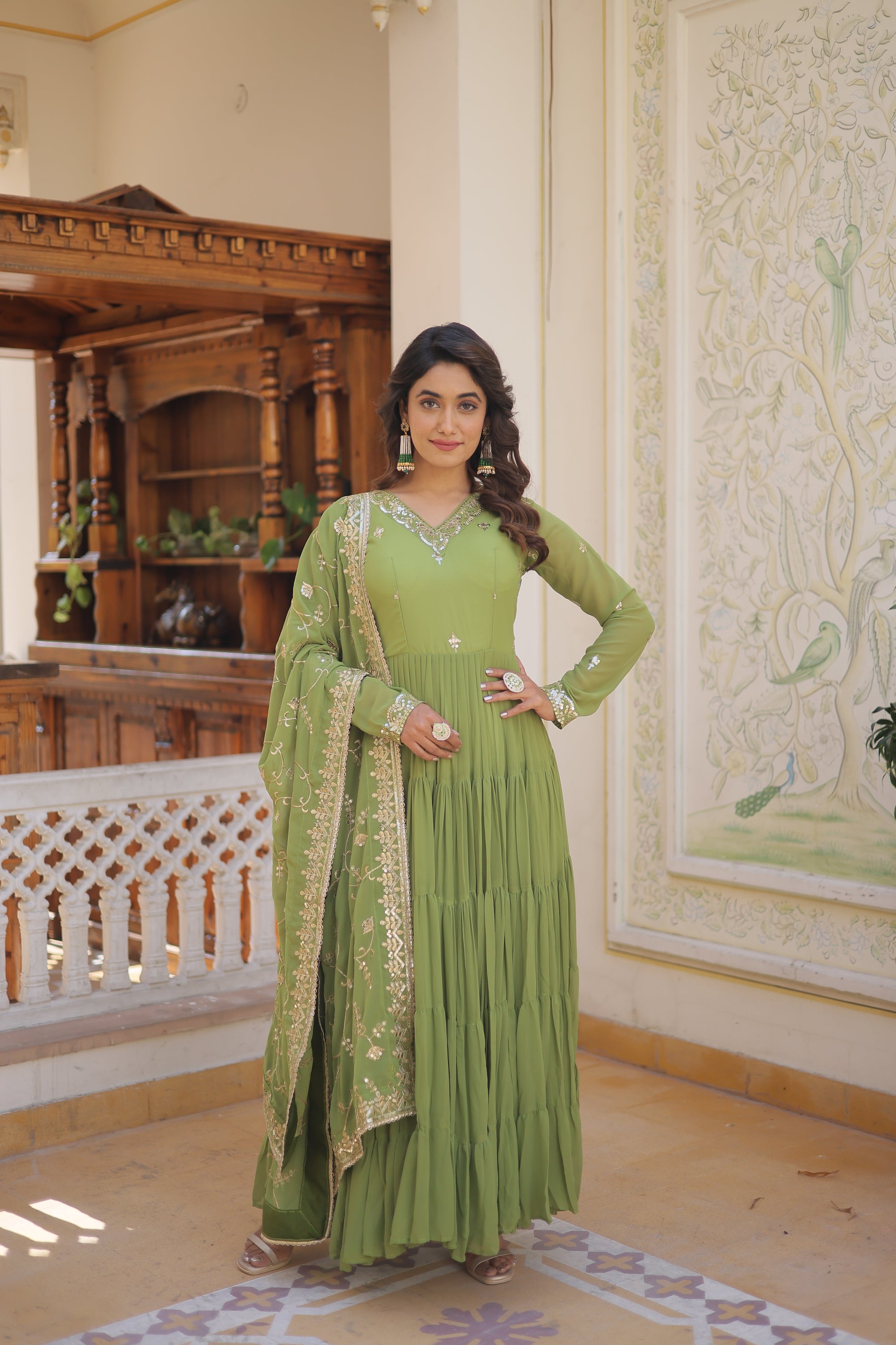 Parrot-Green Coloured Faux Georgette with Embroidered work Gown With Dupatta