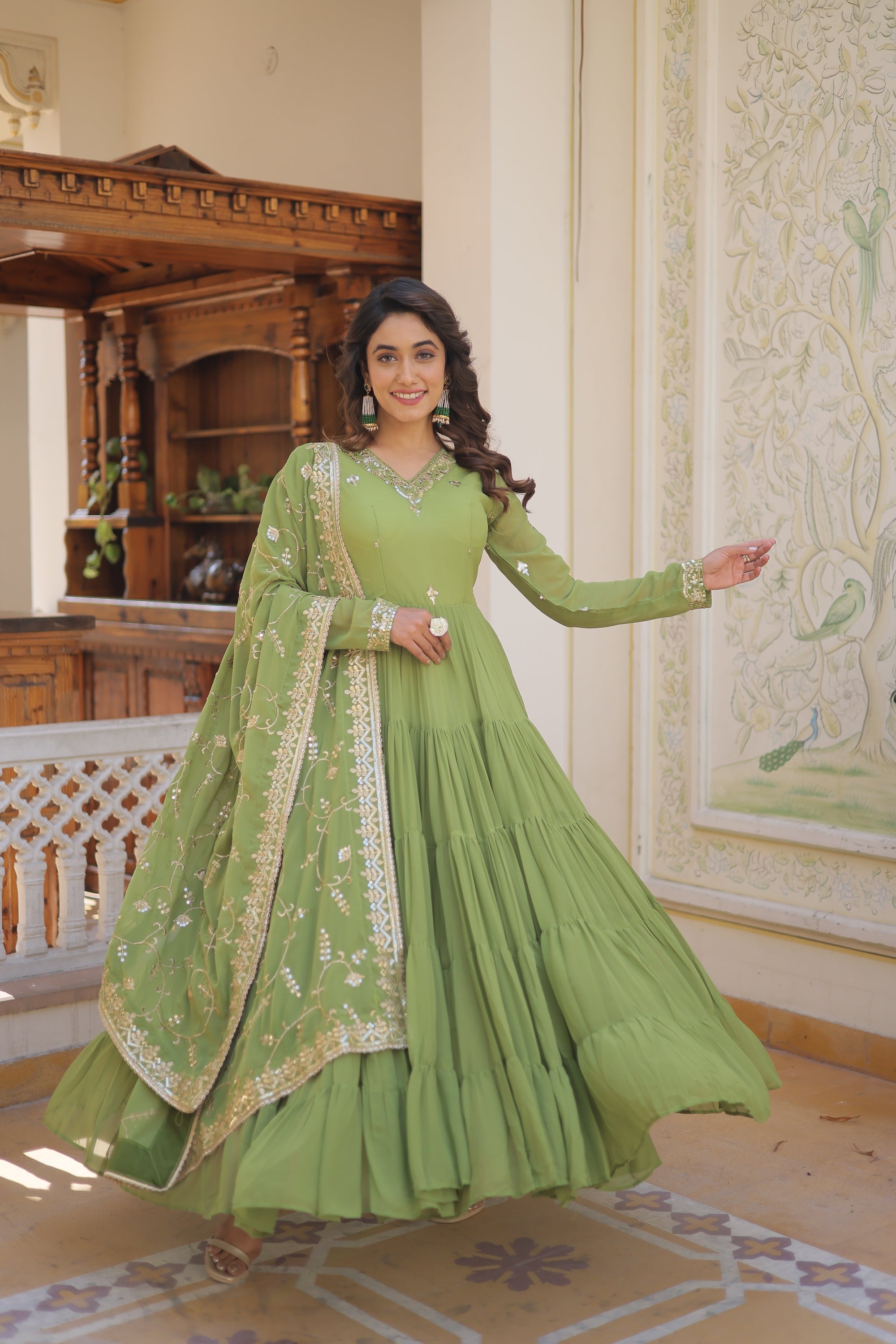 Parrot-Green Coloured Faux Georgette with Embroidered work Gown With Dupatta