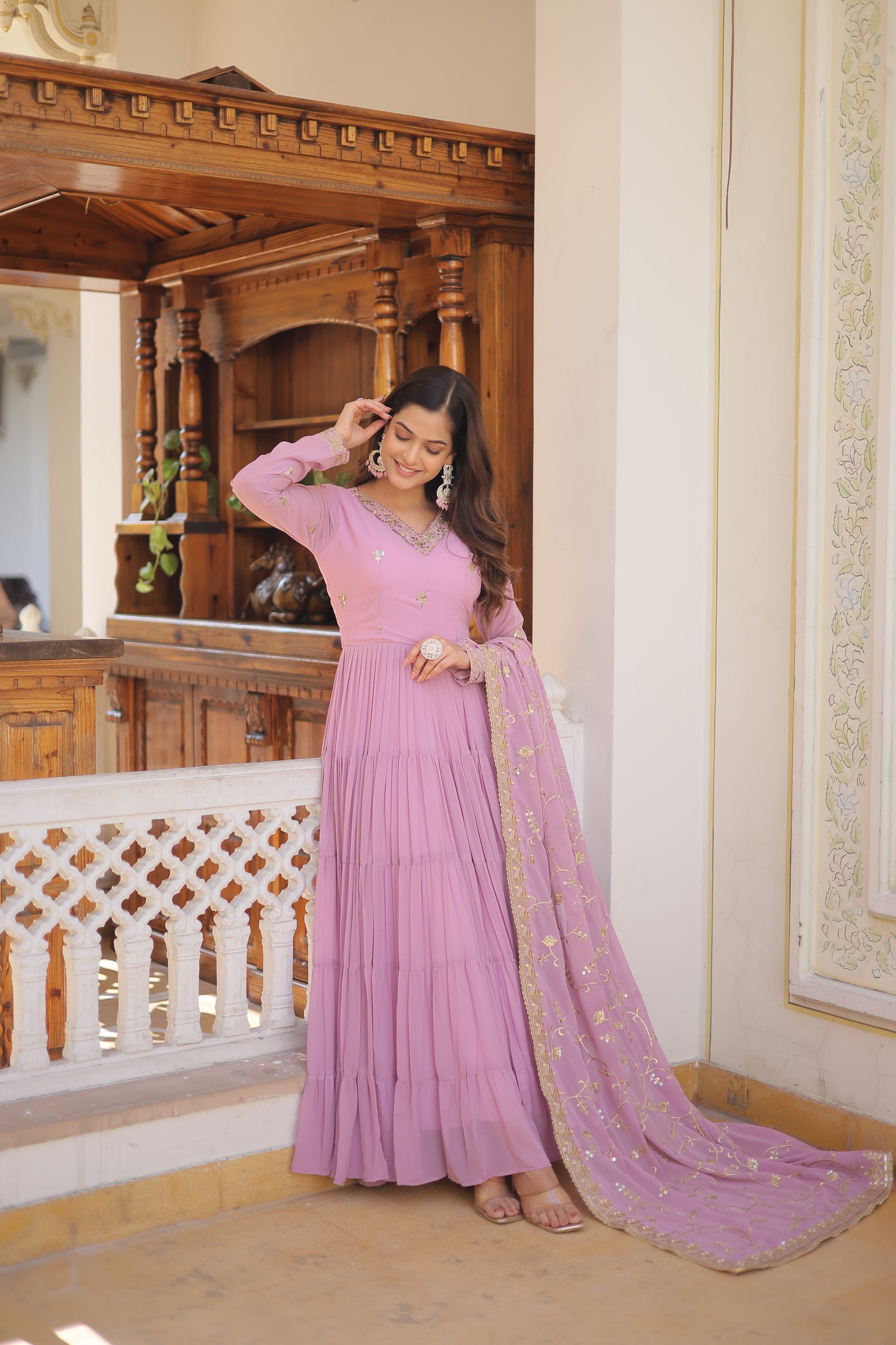 Lavender Coloured Faux Georgette with Embroidered work Gown With Dupatta