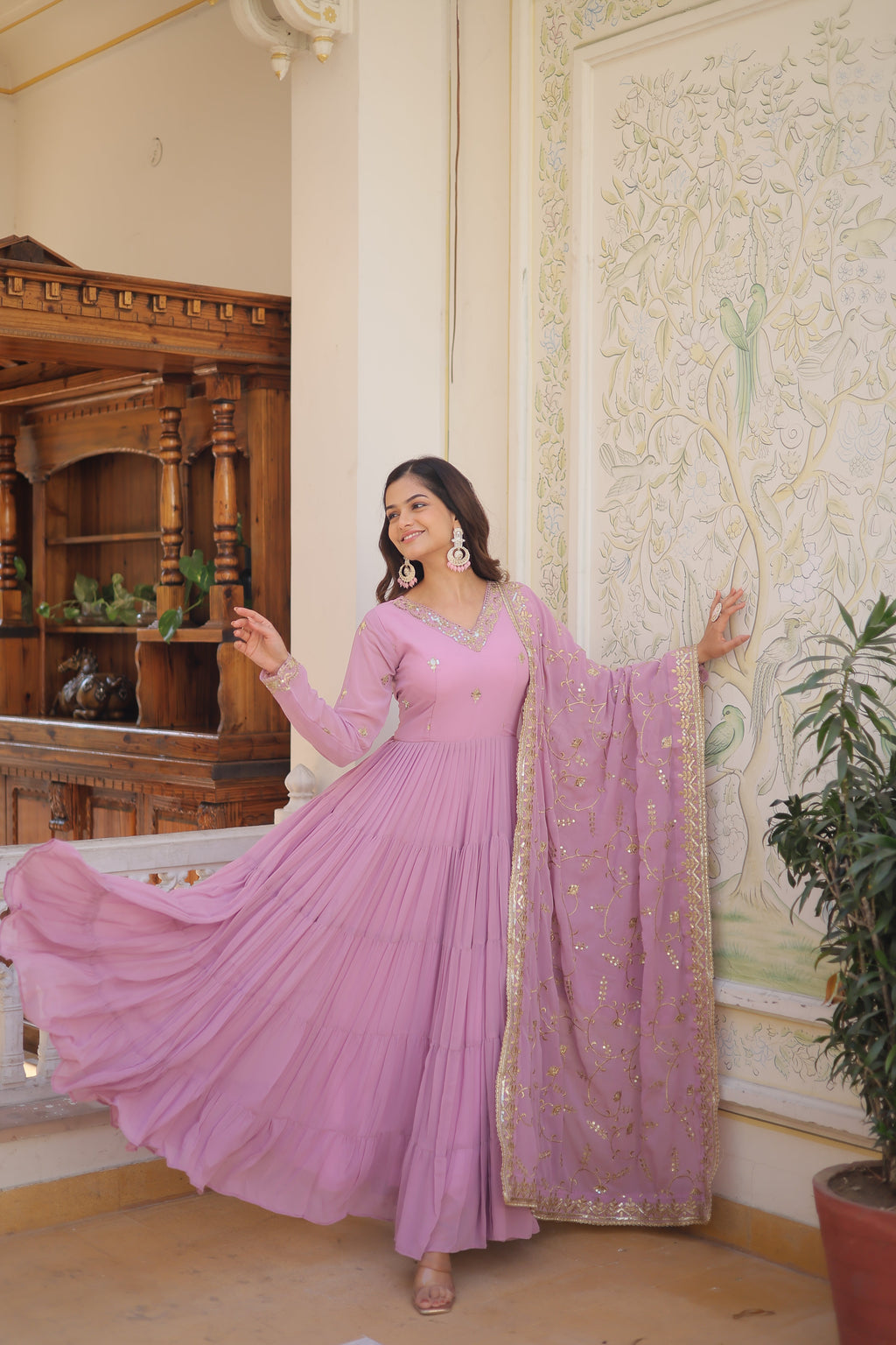 Lavender Coloured Faux Georgette with Embroidered work Gown With Dupatta