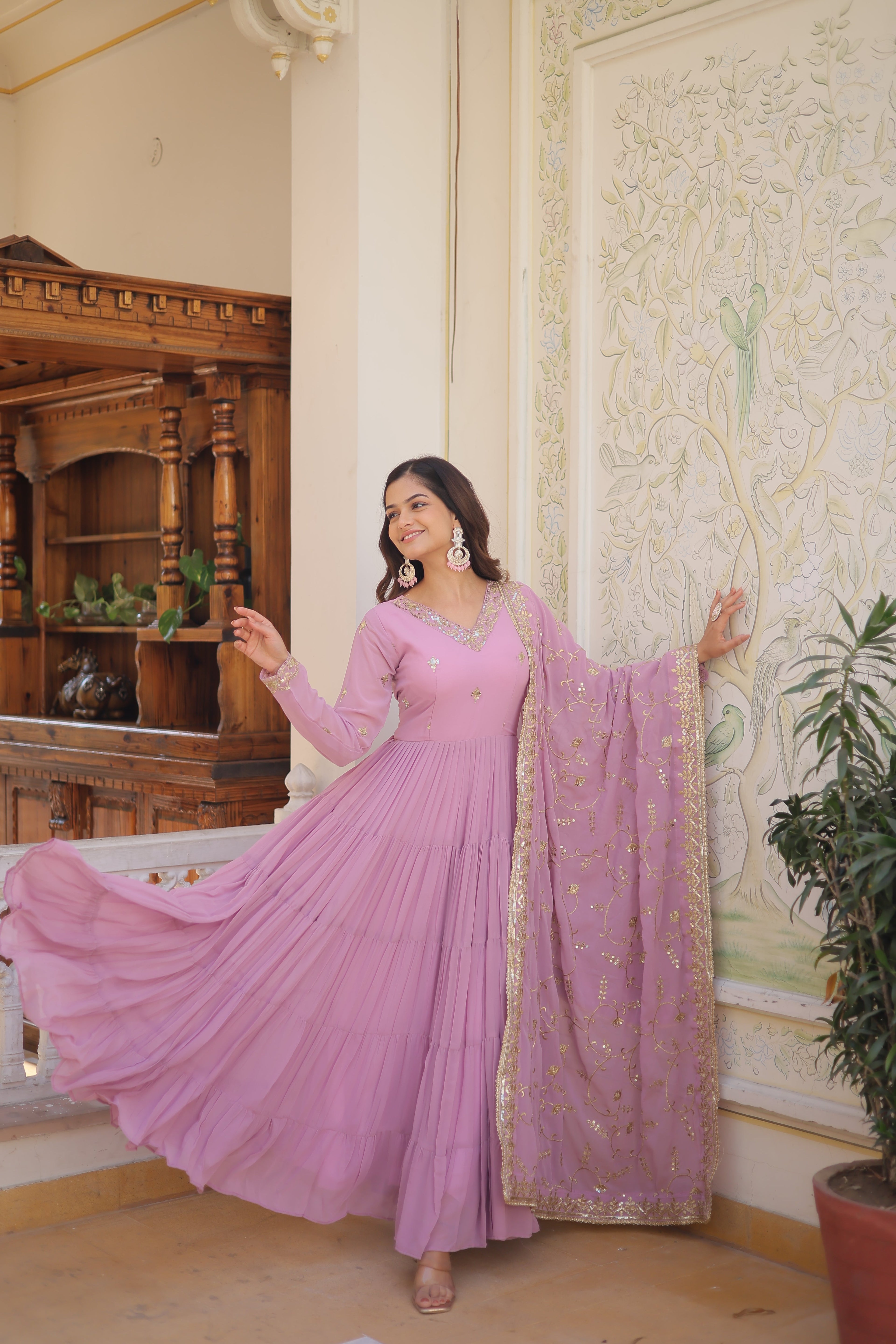 Lavender Coloured Faux Georgette with Embroidered work Gown With Dupatta
