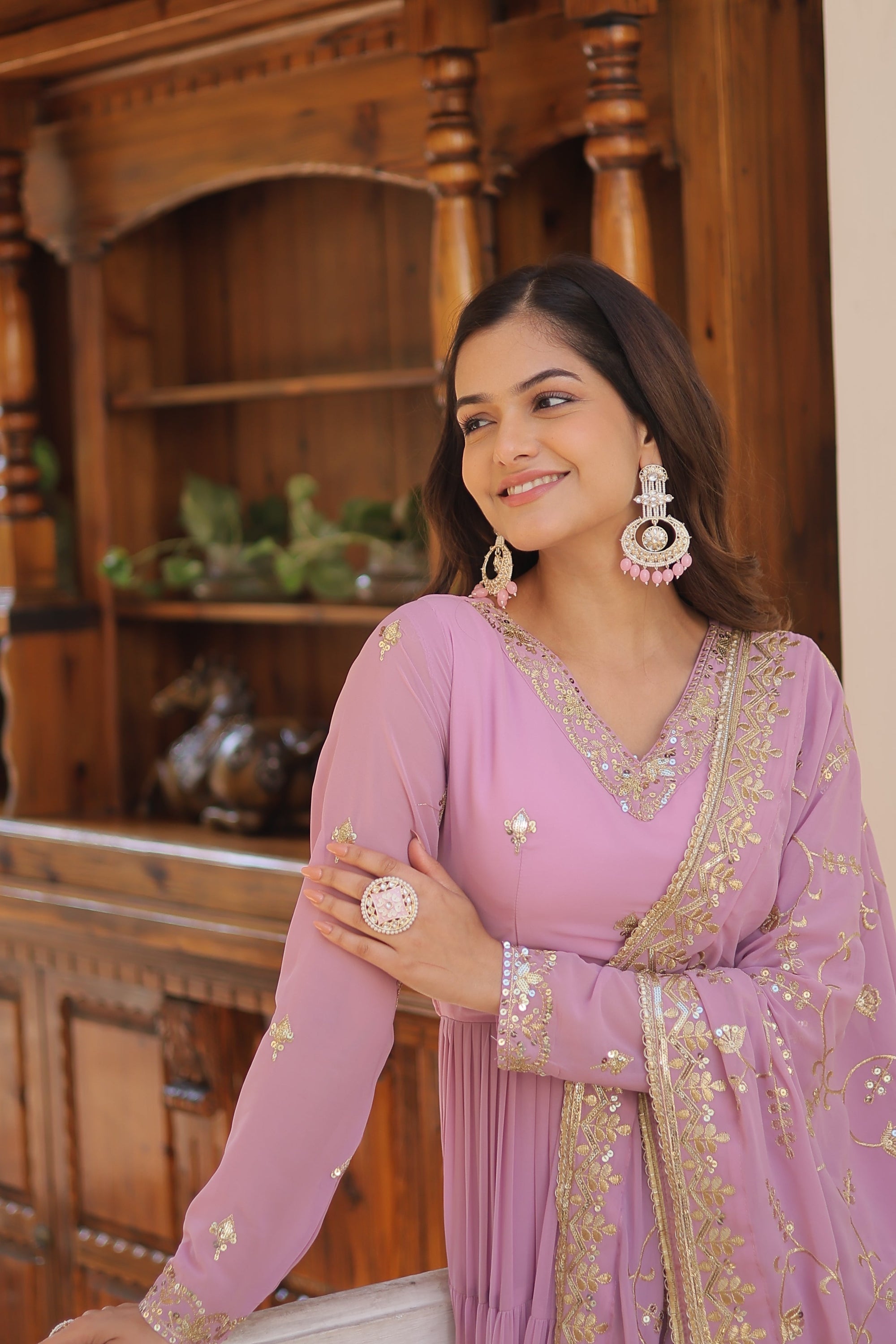 Lavender Coloured Faux Georgette with Embroidered work Gown With Dupatta