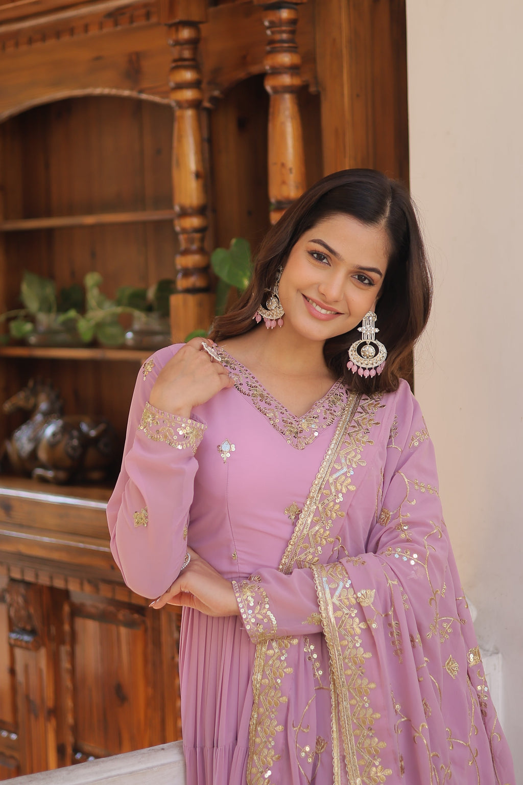 Lavender Coloured Faux Georgette with Embroidered work Gown With Dupatta