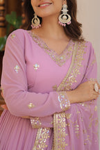 Lavender Coloured Faux Georgette with Embroidered work Gown With Dupatta