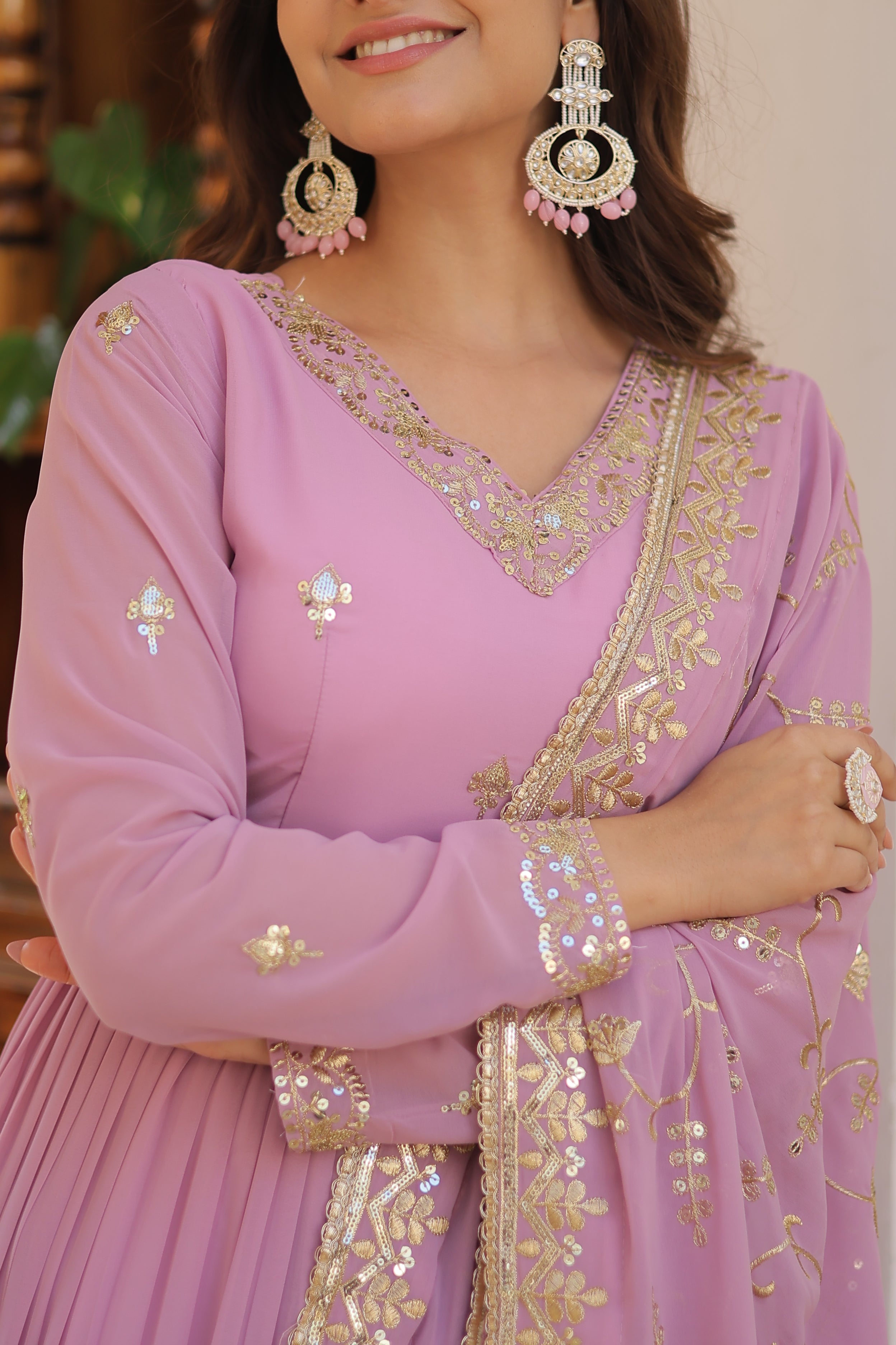 Lavender Coloured Faux Georgette with Embroidered work Gown With Dupatta