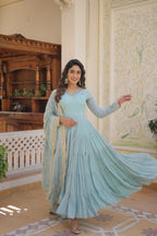 Sky Coloured Faux Georgette with Embroidered work Gown With Dupatta