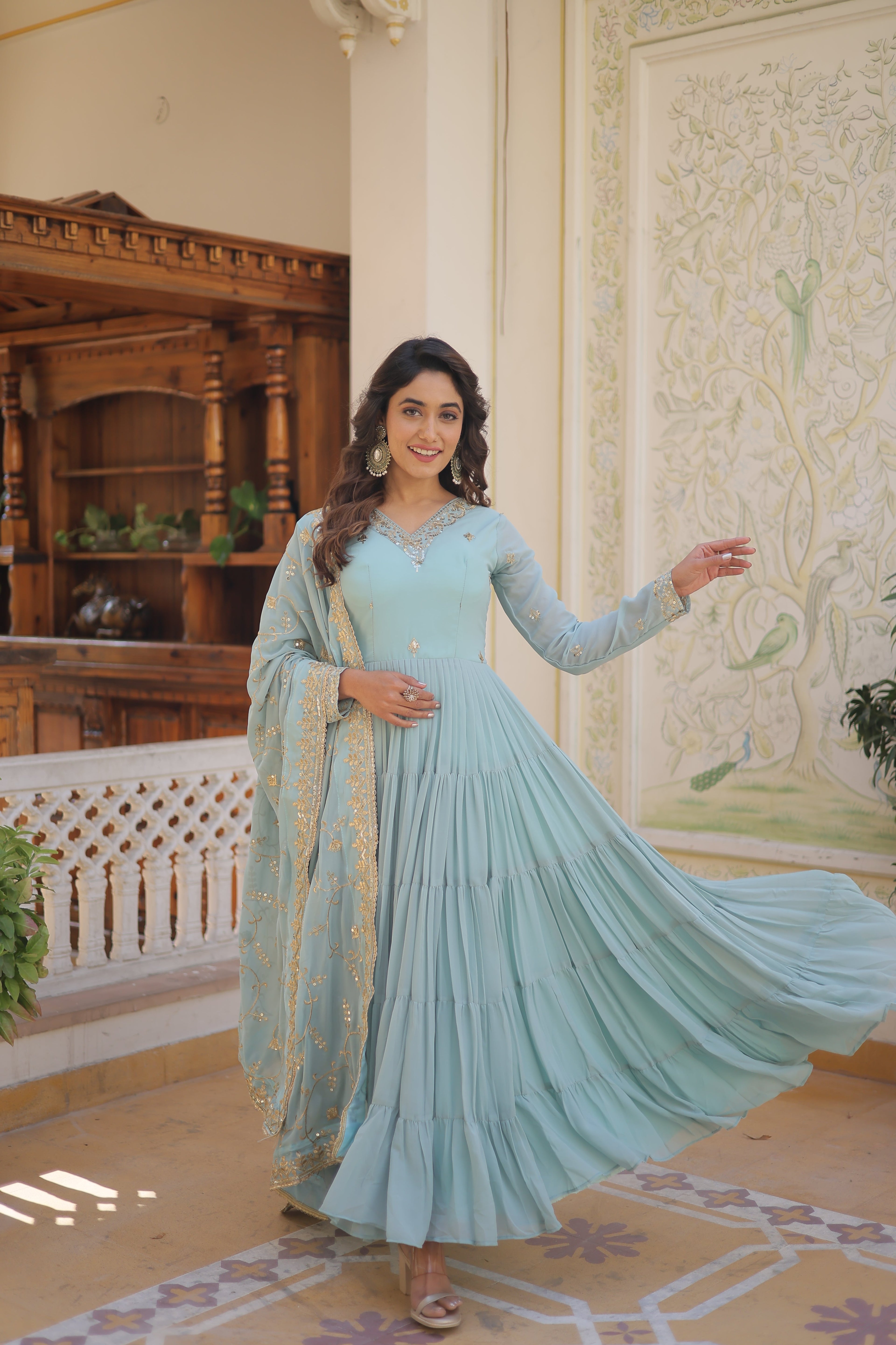Sky Coloured Faux Georgette with Embroidered work Gown With Dupatta