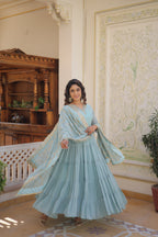 Sky Coloured Faux Georgette with Embroidered work Gown With Dupatta