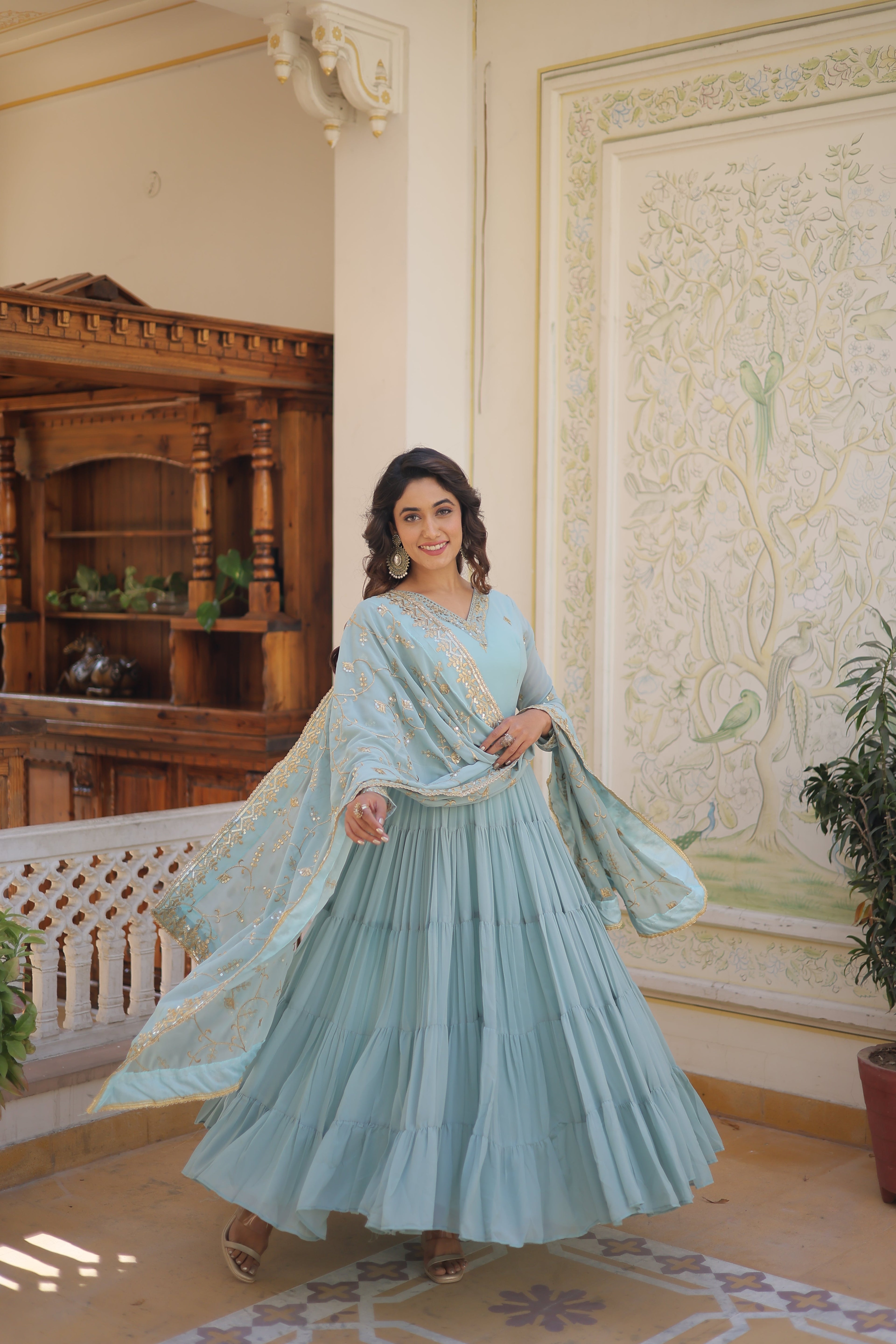 Sky Coloured Faux Georgette with Embroidered work Gown With Dupatta