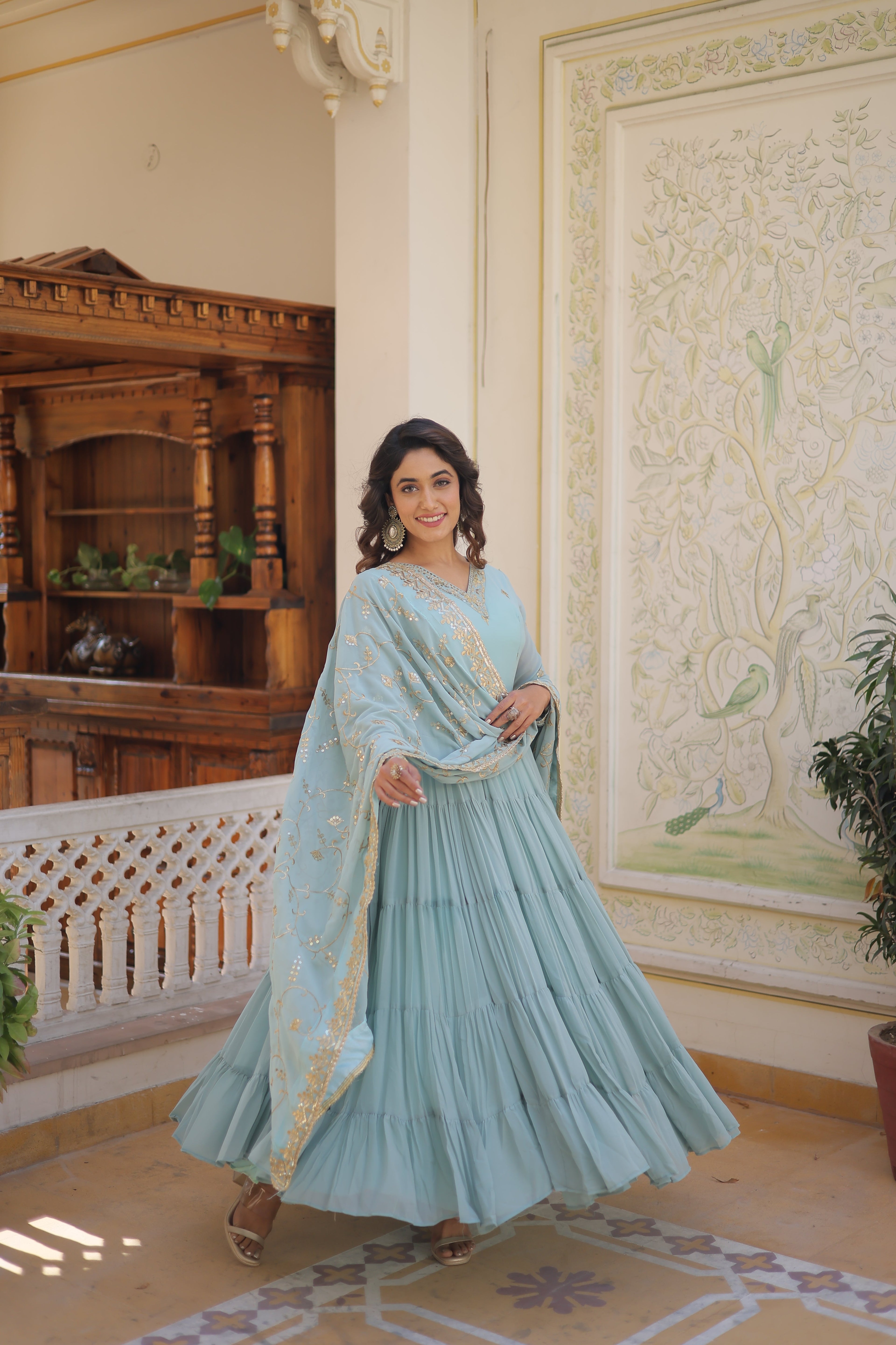 Sky Coloured Faux Georgette with Embroidered work Gown With Dupatta
