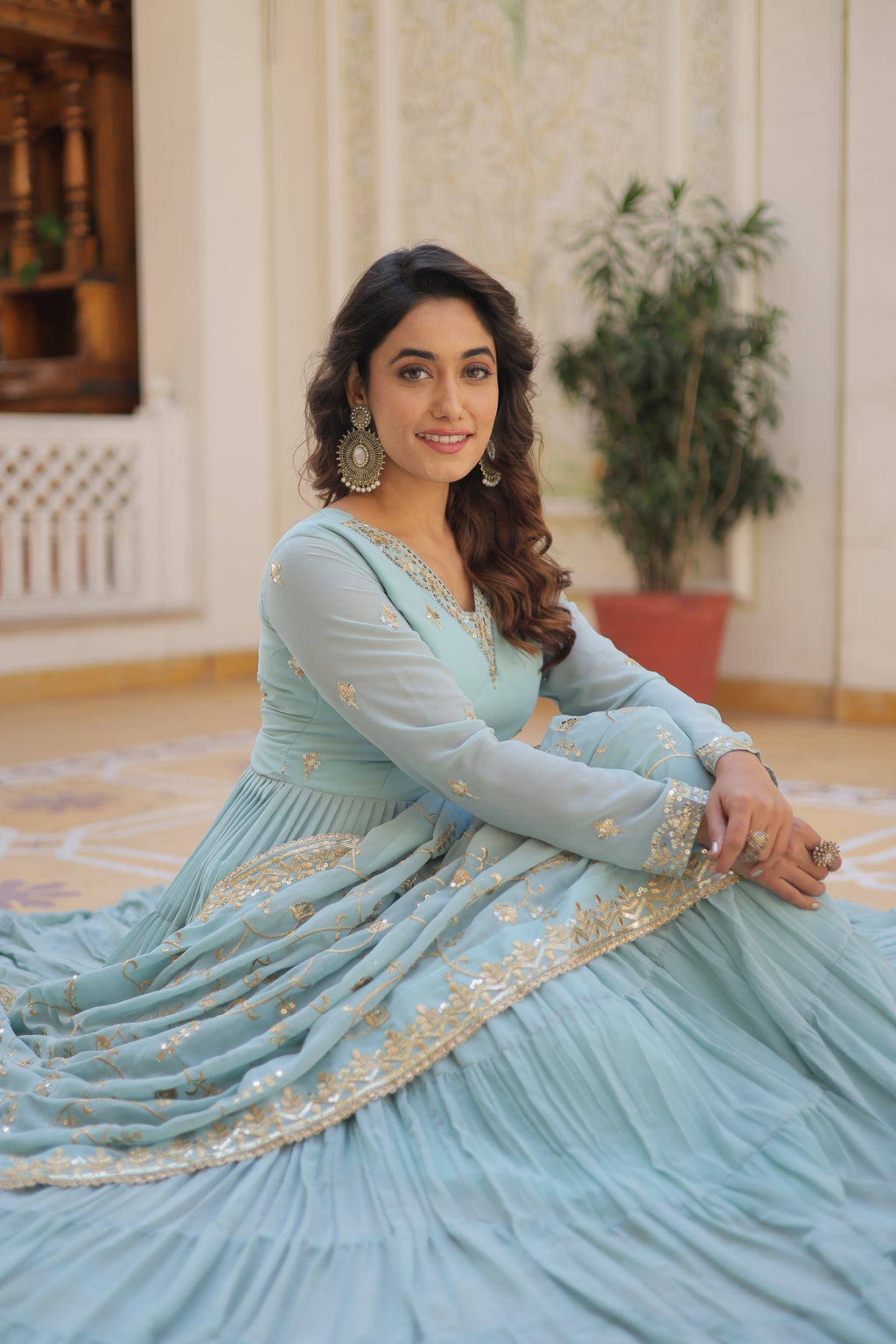 Sky Coloured Faux Georgette with Embroidered work Gown With Dupatta