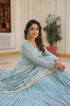 Sky Coloured Faux Georgette with Embroidered work Gown With Dupatta