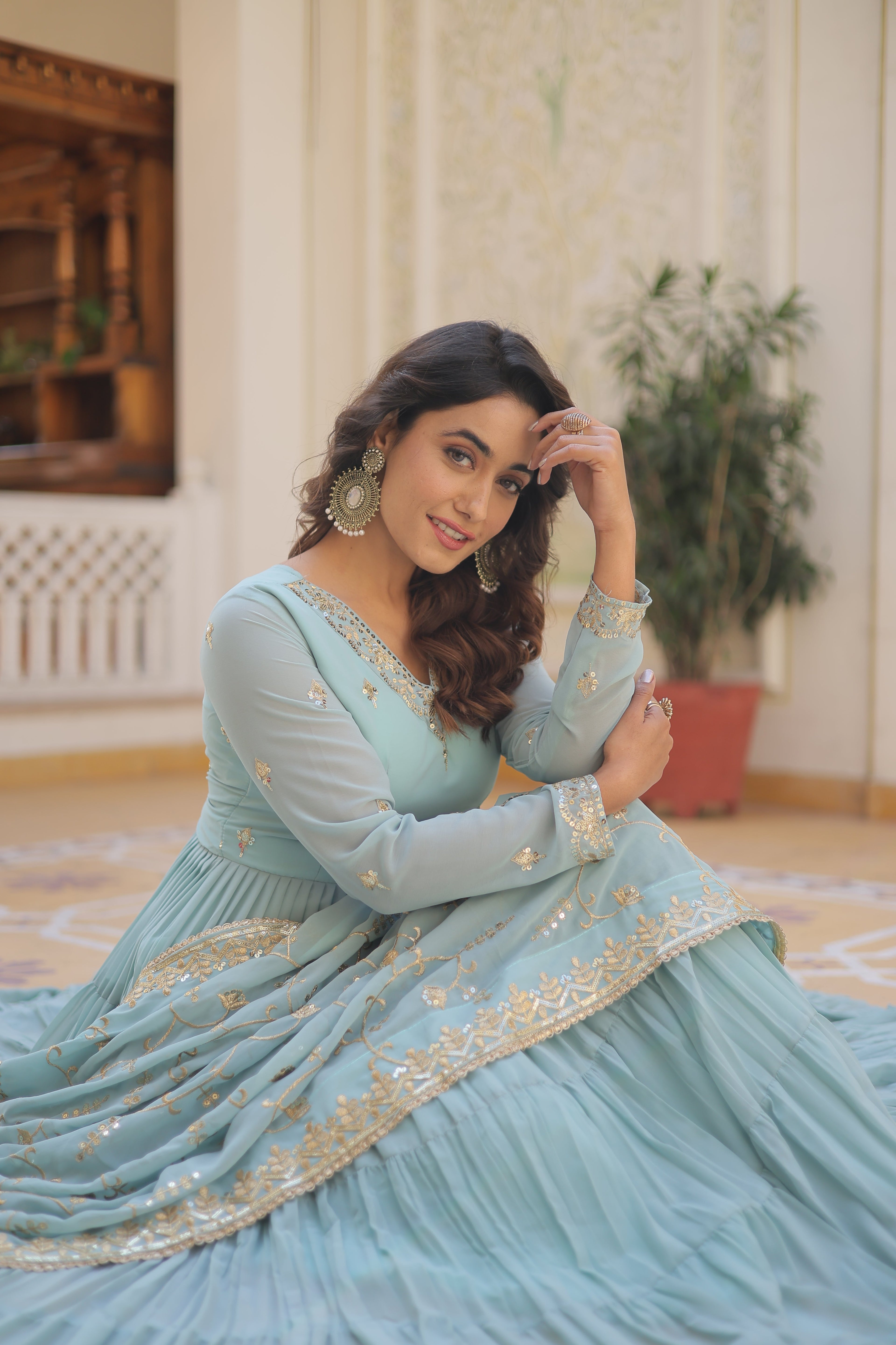 Sky Coloured Faux Georgette with Embroidered work Gown With Dupatta