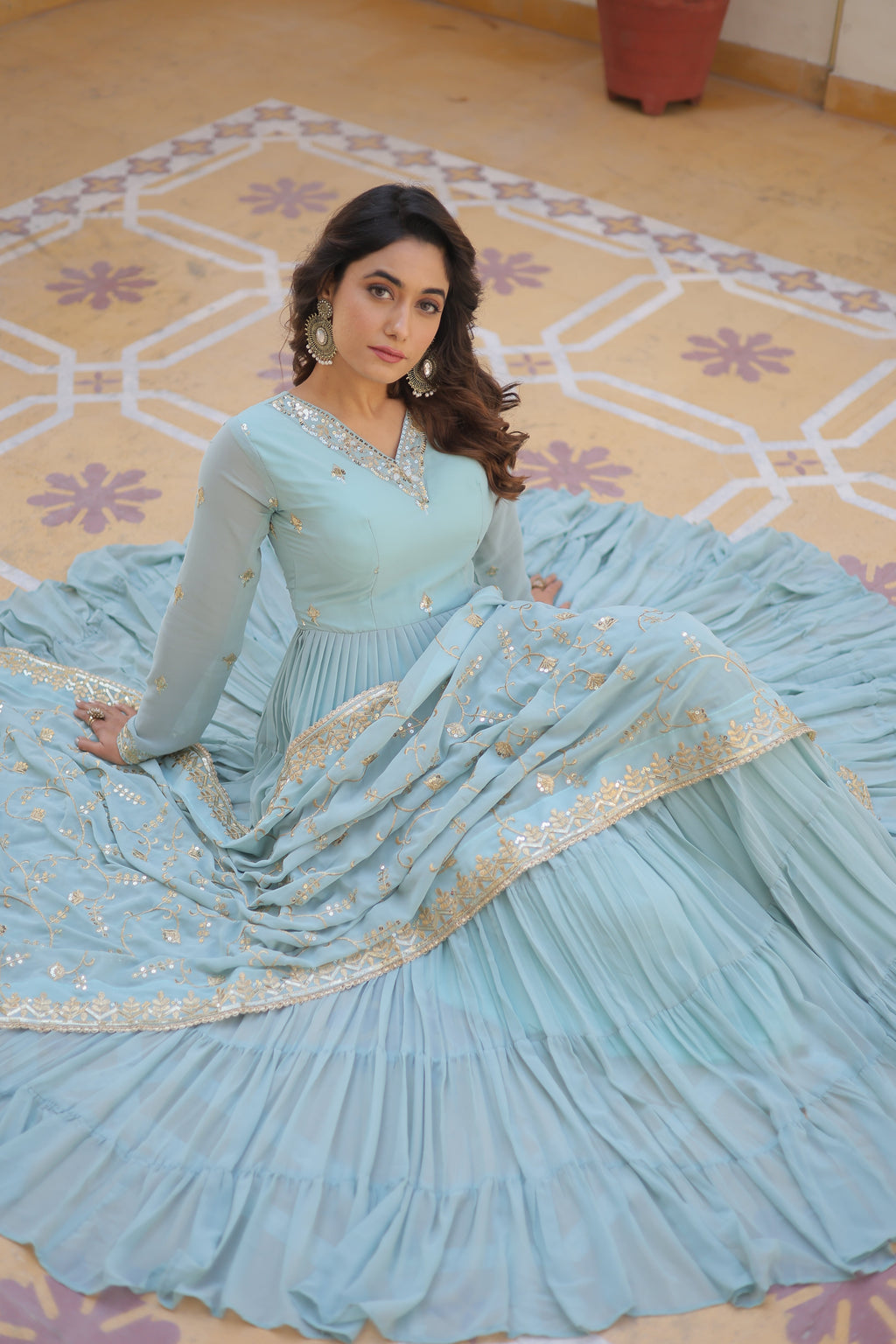 Sky Coloured Faux Georgette with Embroidered work Gown With Dupatta