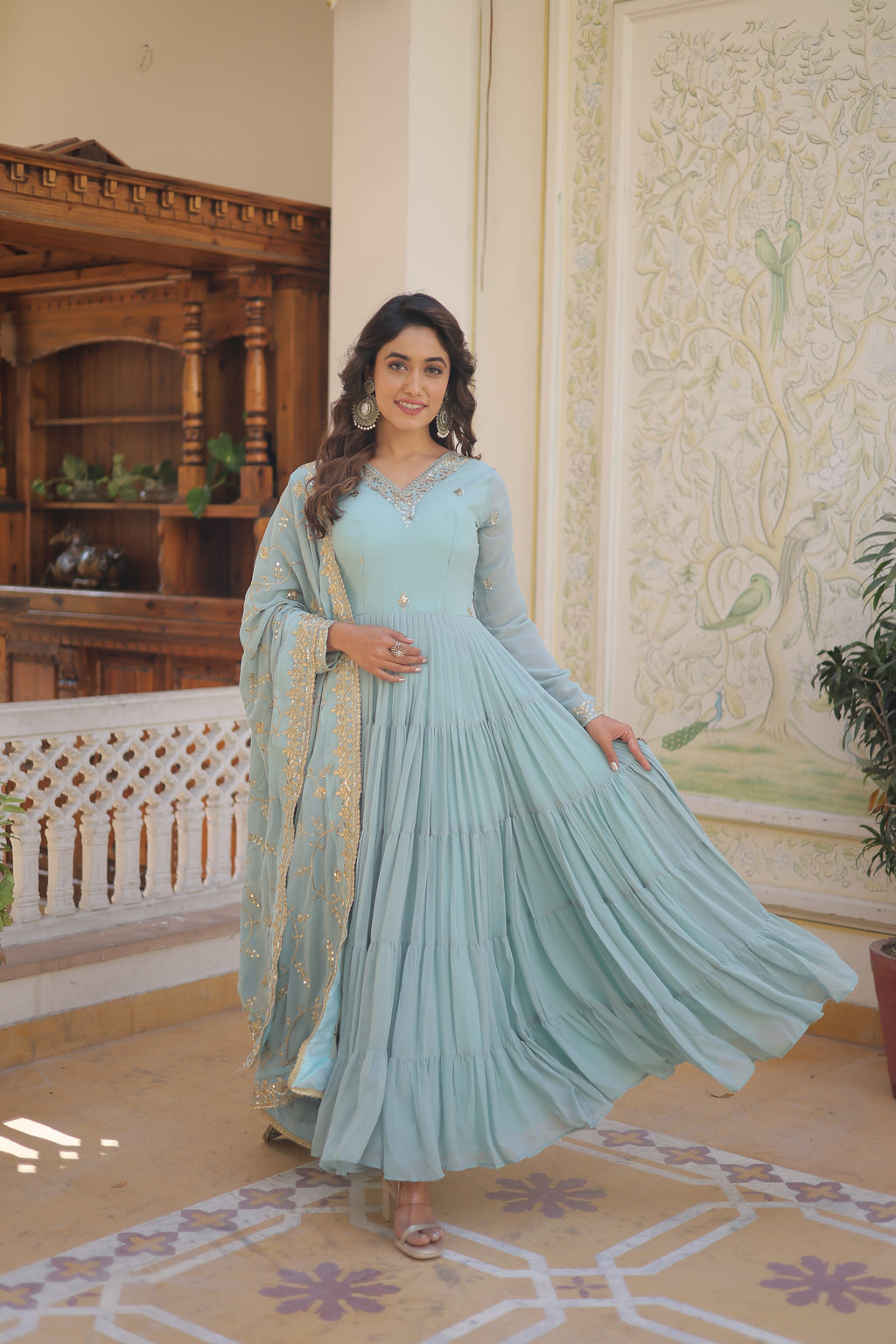 Sky Coloured Faux Georgette with Embroidered work Gown With Dupatta