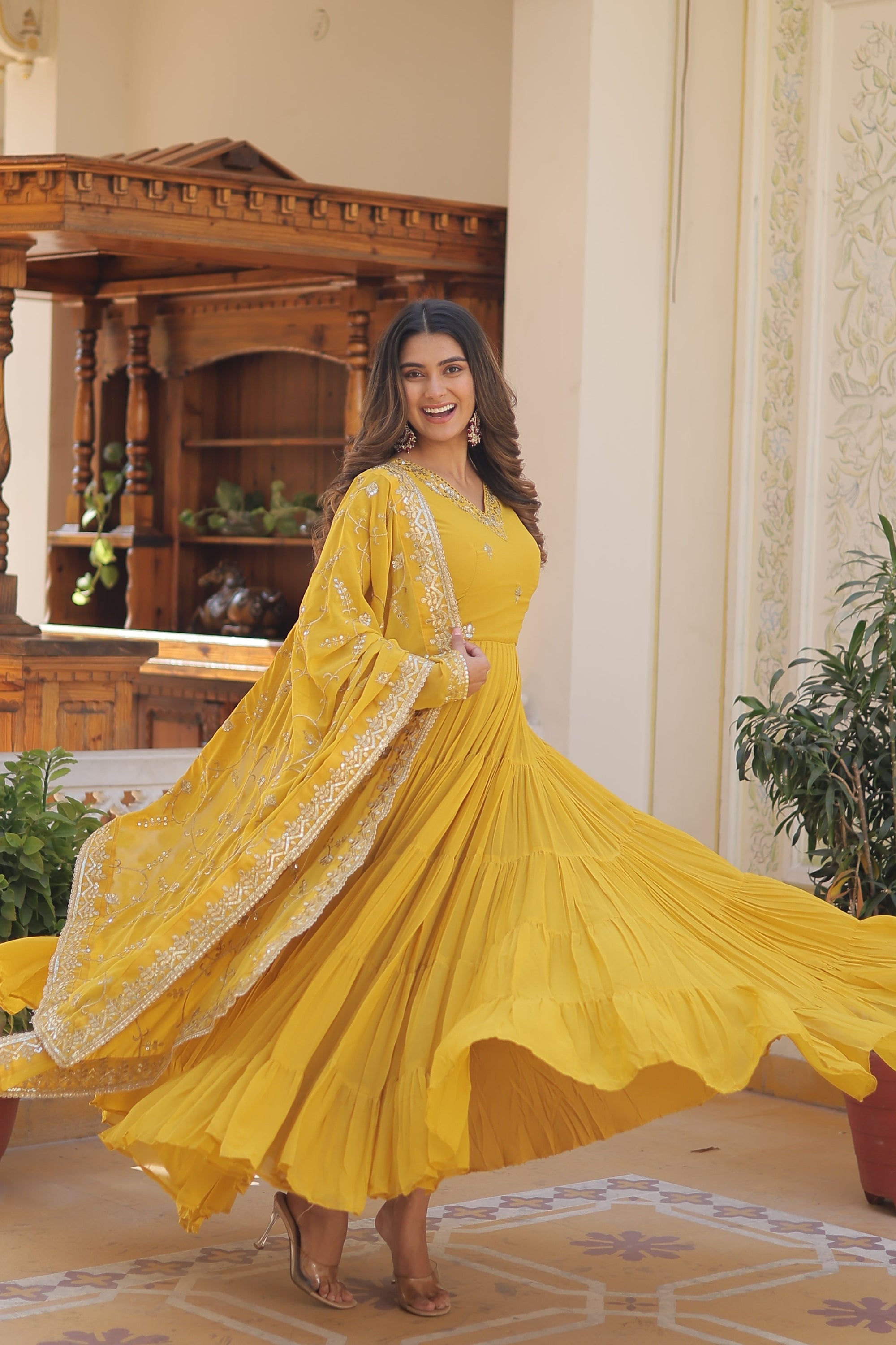 Yellow Coloured Faux Georgette with Embroidered work Gown With Dupatta